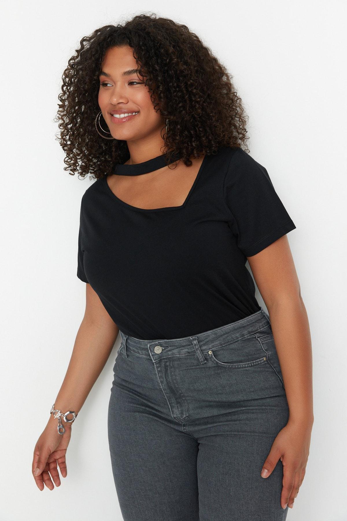 Black Crew Neck Plus Size T-Shirt, Black, large image number 3