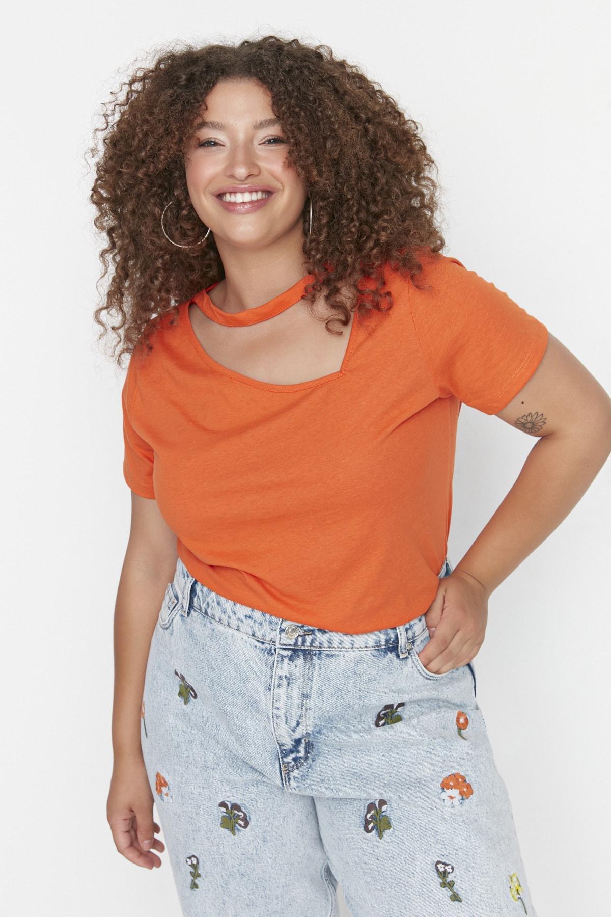Orange Crew Neck Plus Size T-Shirt, , large image number 0