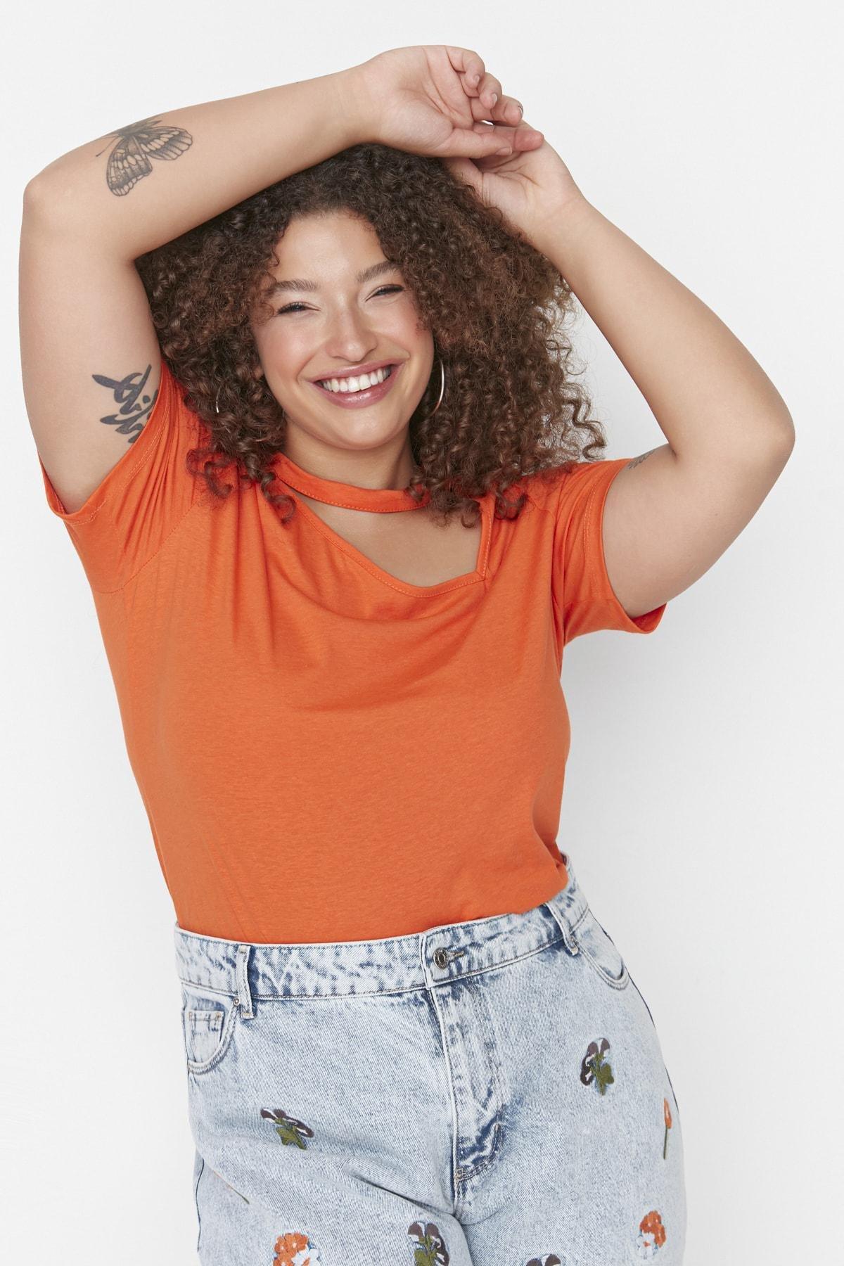 Orange Crew Neck Plus Size T-Shirt, , large image number 3