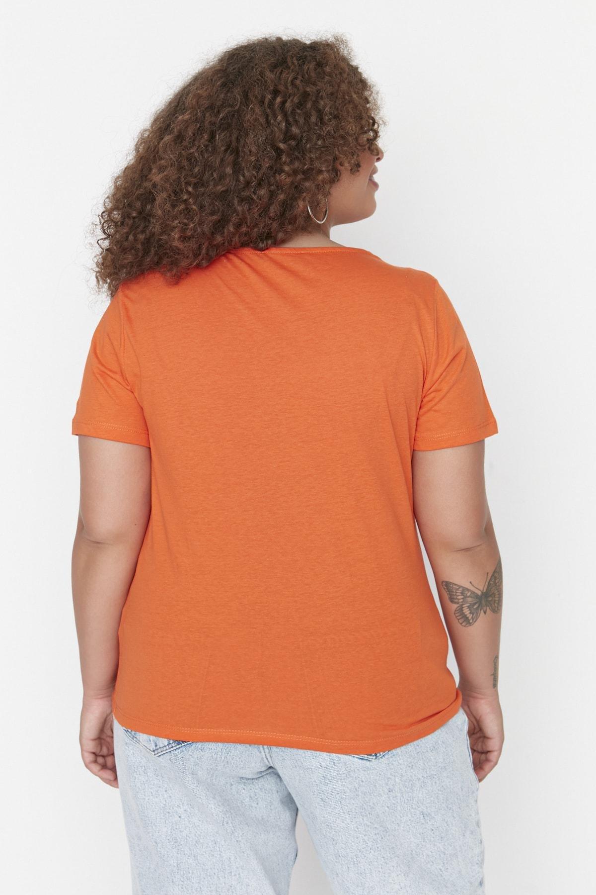 Orange Crew Neck Plus Size T-Shirt, , large image number 4
