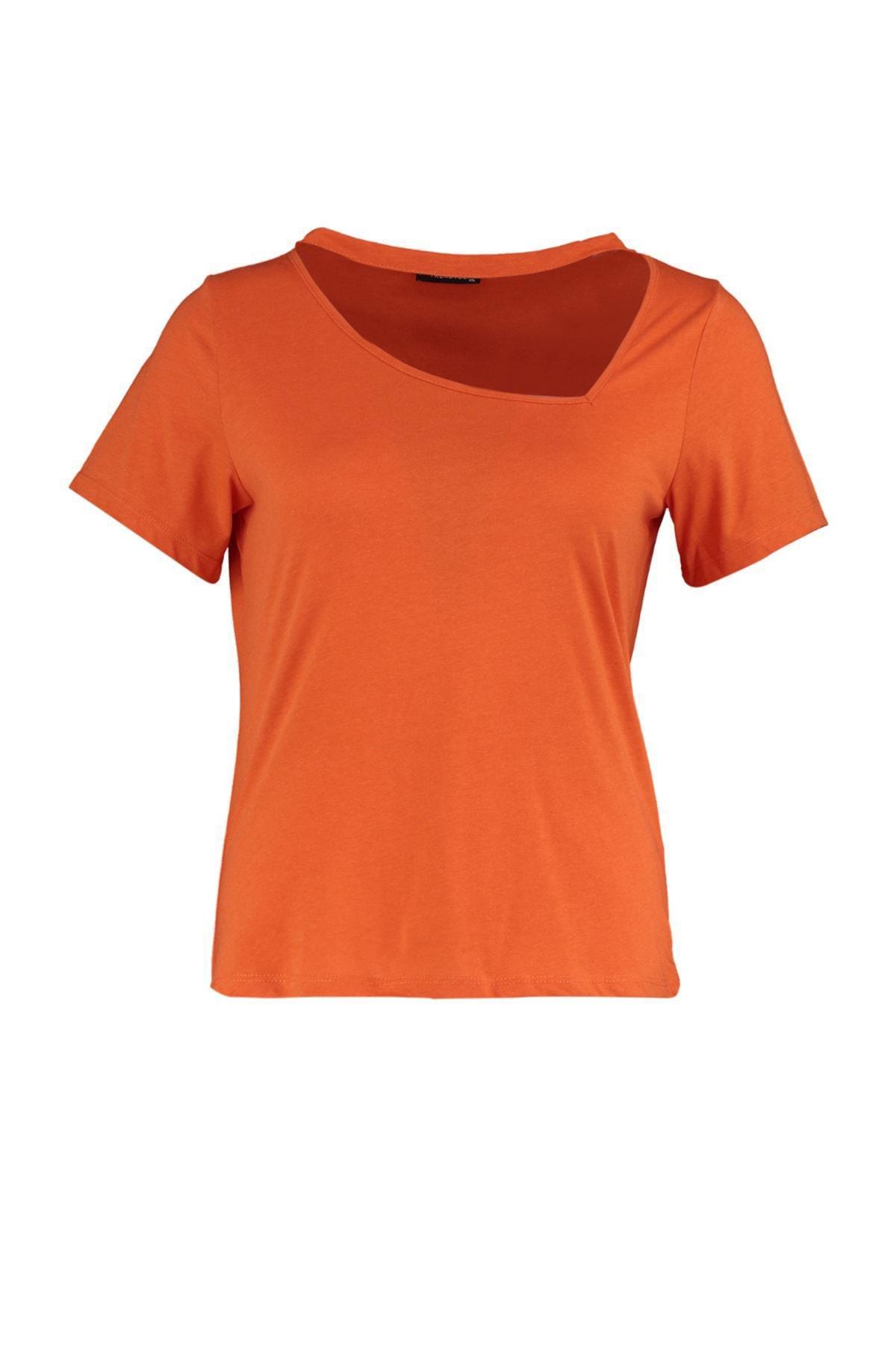 Orange Crew Neck Plus Size T-Shirt, , large image number 5