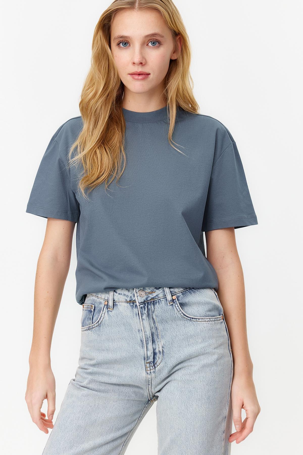 Gray Basic Stand Collar Knitted T-Shirt, C101_1573, large image number 0