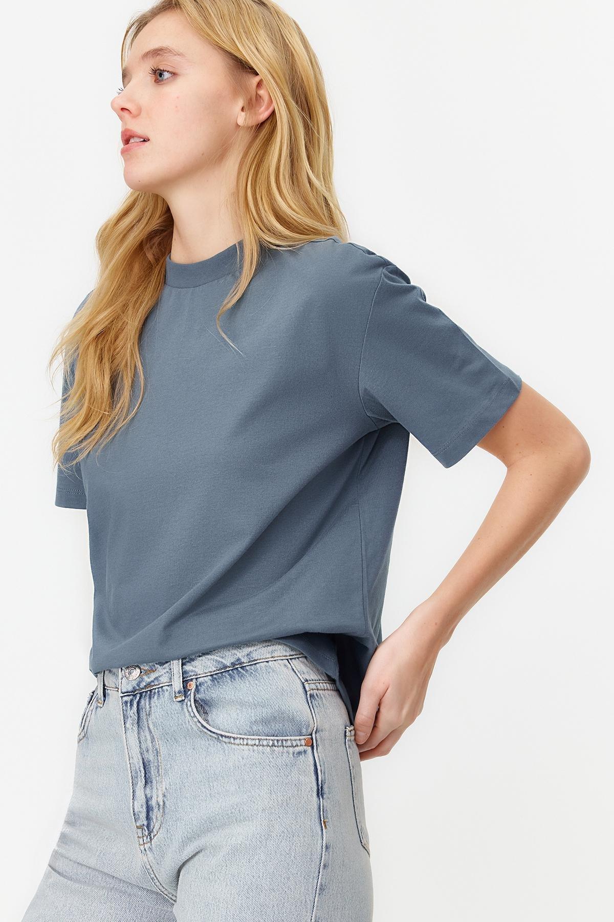 Gray Basic Stand Collar Knitted T-Shirt, C101_1573, large image number 1