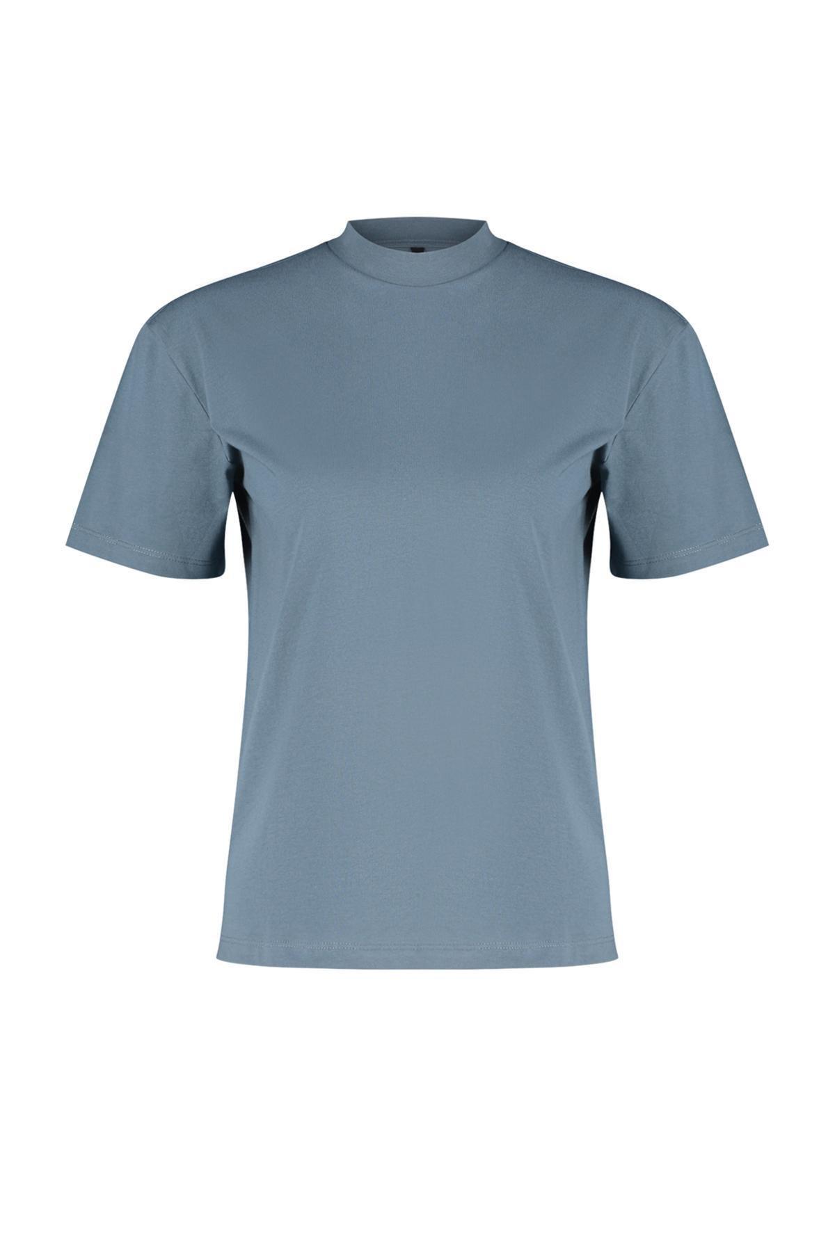 Gray Basic Stand Collar Knitted T-Shirt, C101_1573, large image number 5