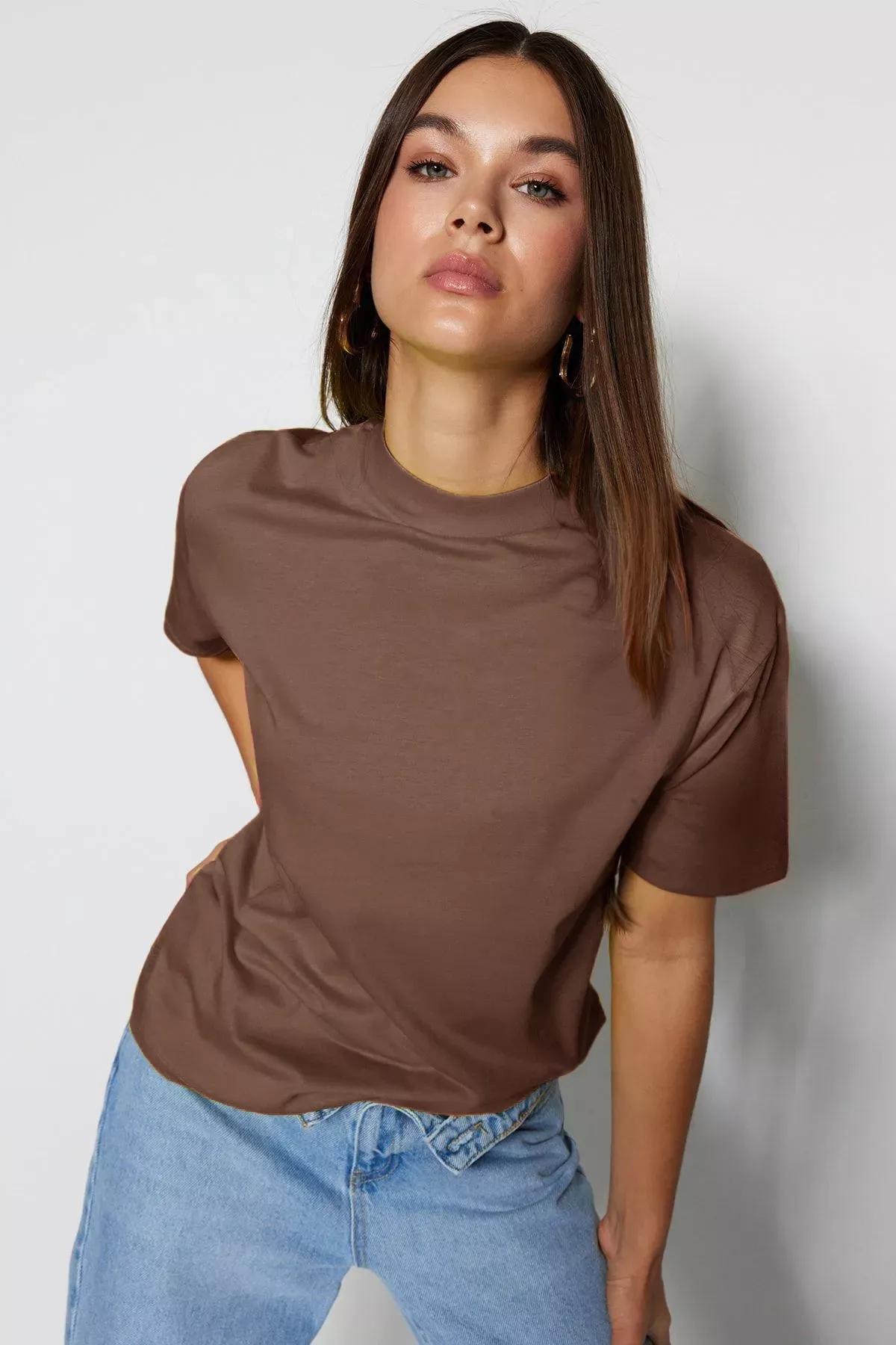 Brown Collar Knitted T-Shirt, Light brown, medium