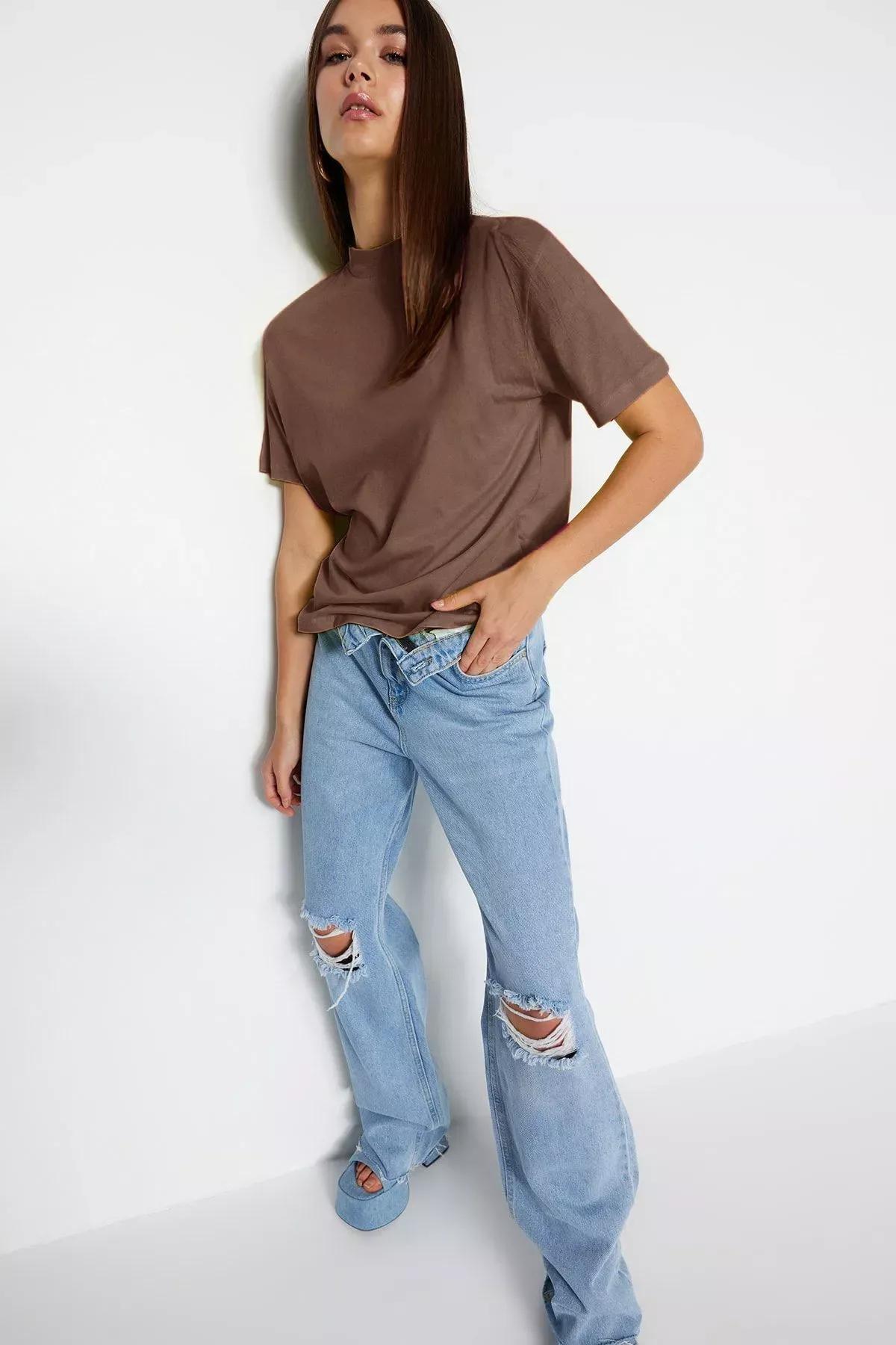 Brown Collar Knitted T-Shirt, Light brown, large image number 3