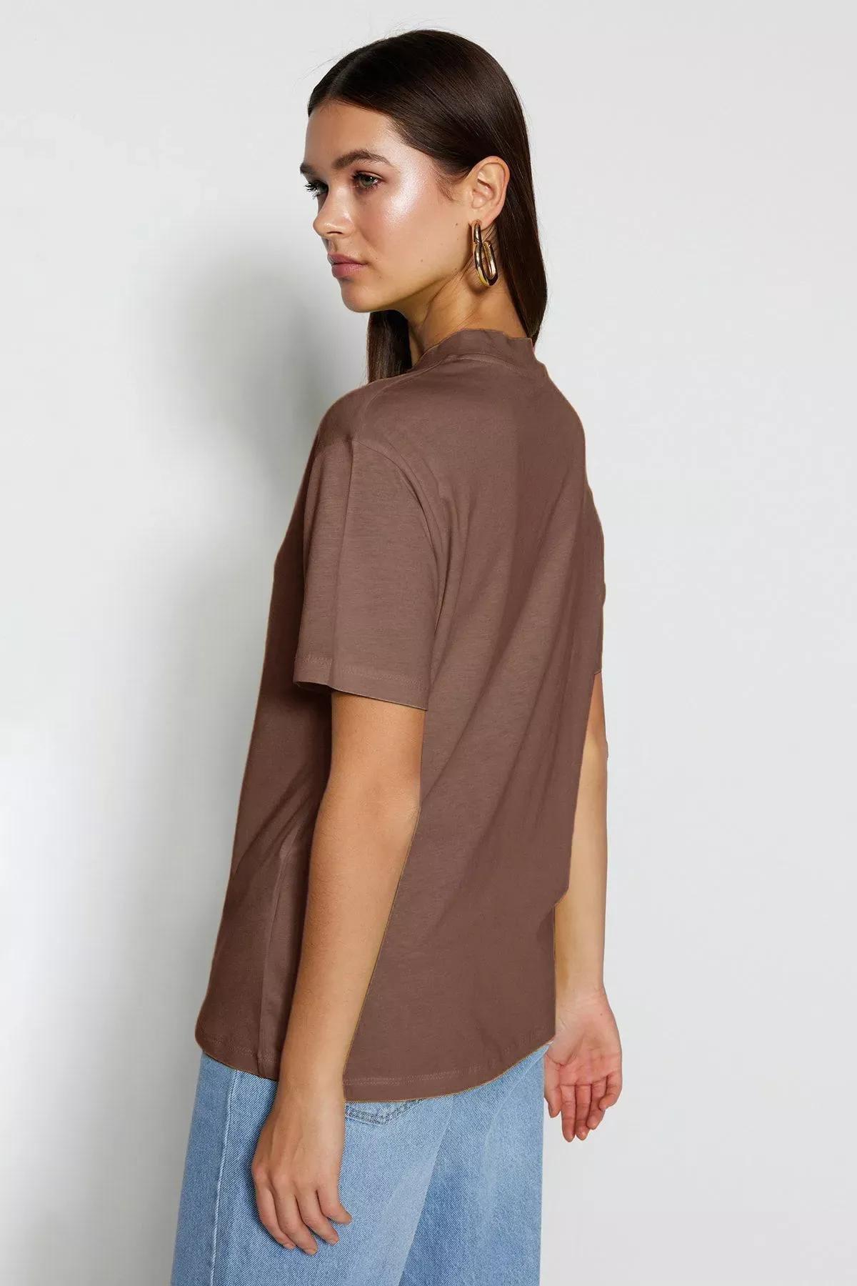 Brown Collar Knitted T-Shirt, Light brown, large image number 4