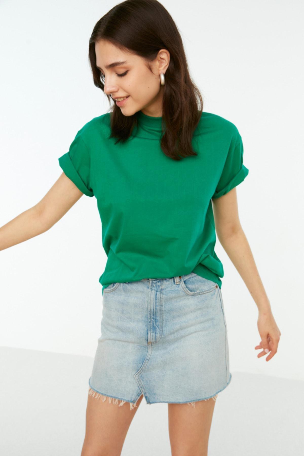 Green Standing Collar T-Shirt, Green, large image number 1