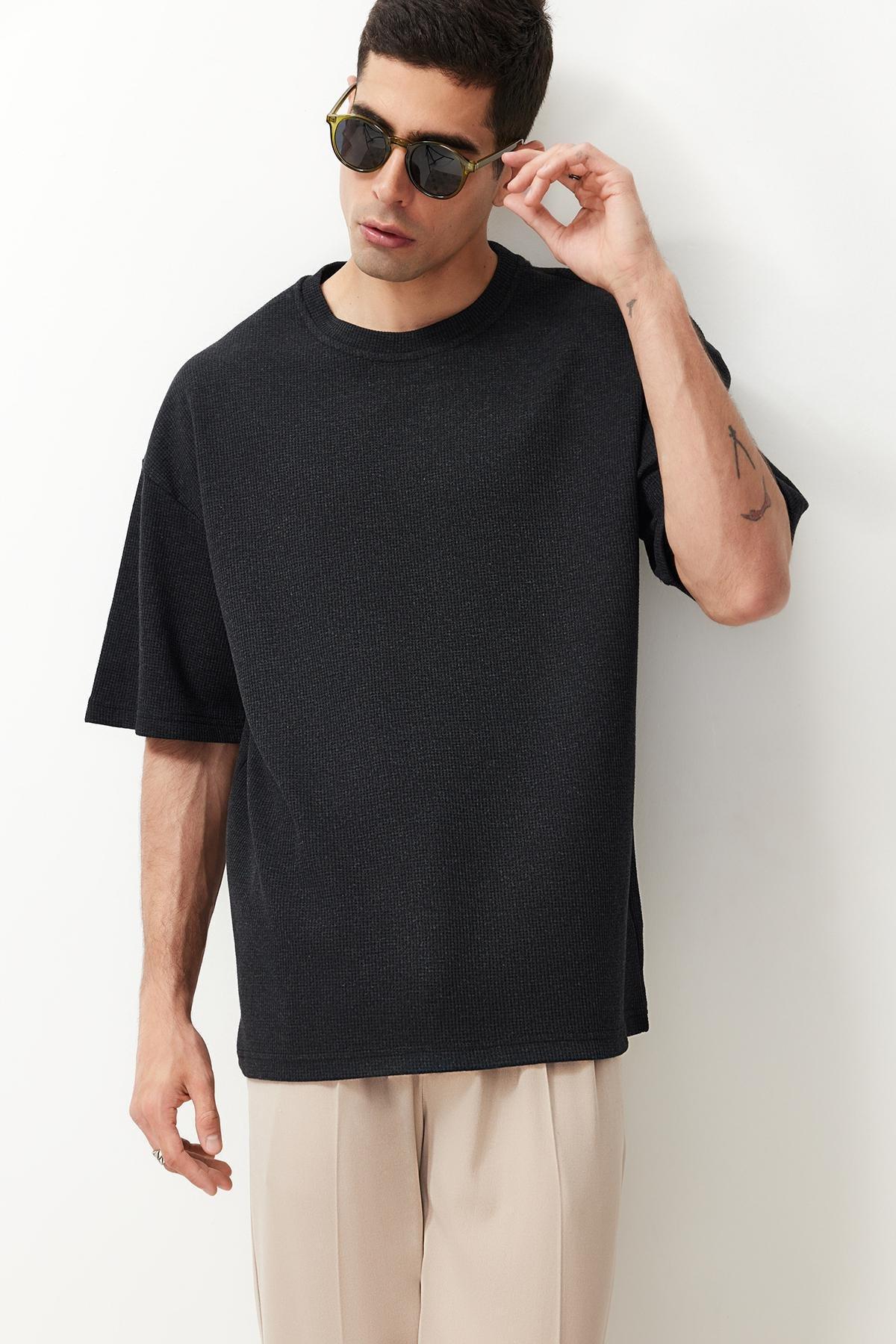 Basic Anthracite Oversize/Wide Cut Textured Waffle Short Sleeve T-Shirt TMNSS22TS00049, , medium