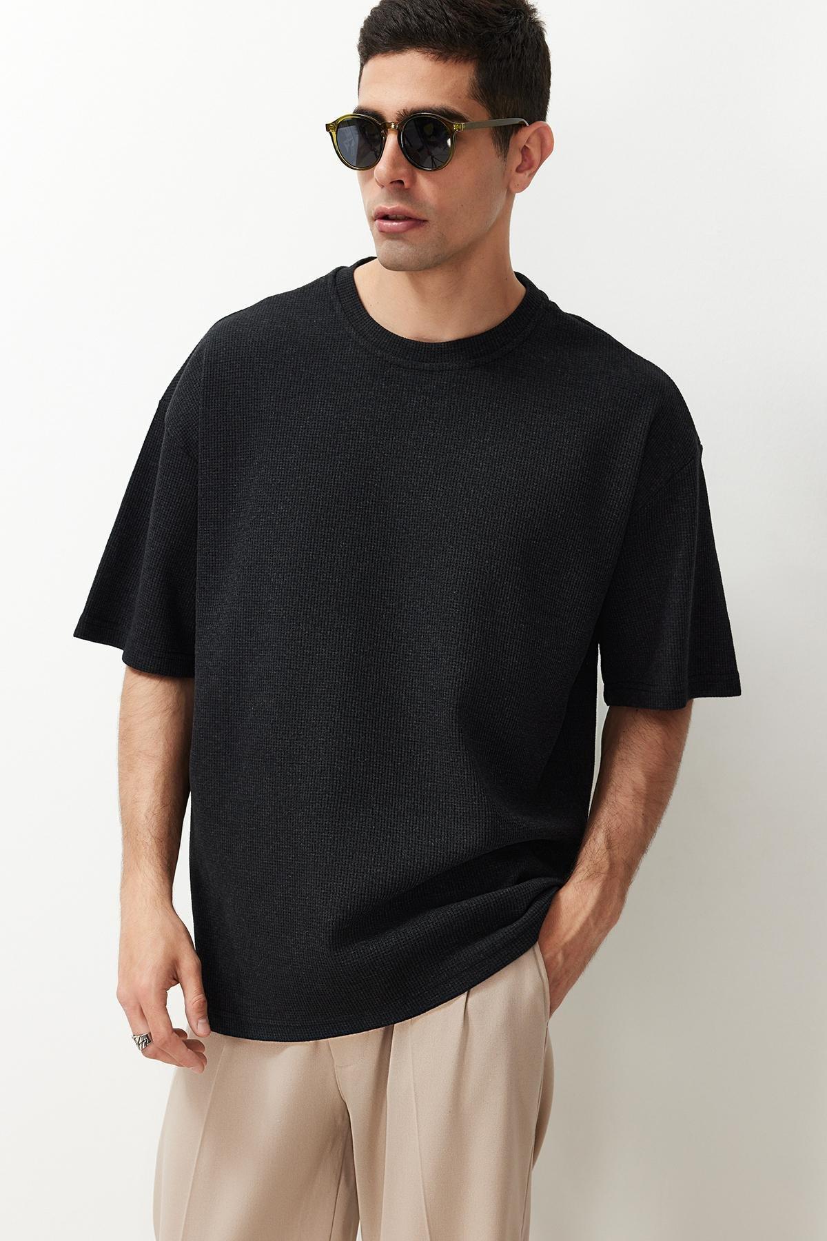 Basic Anthracite Oversize/Wide Cut Textured Waffle Short Sleeve T-Shirt TMNSS22TS00049, , large image number 1