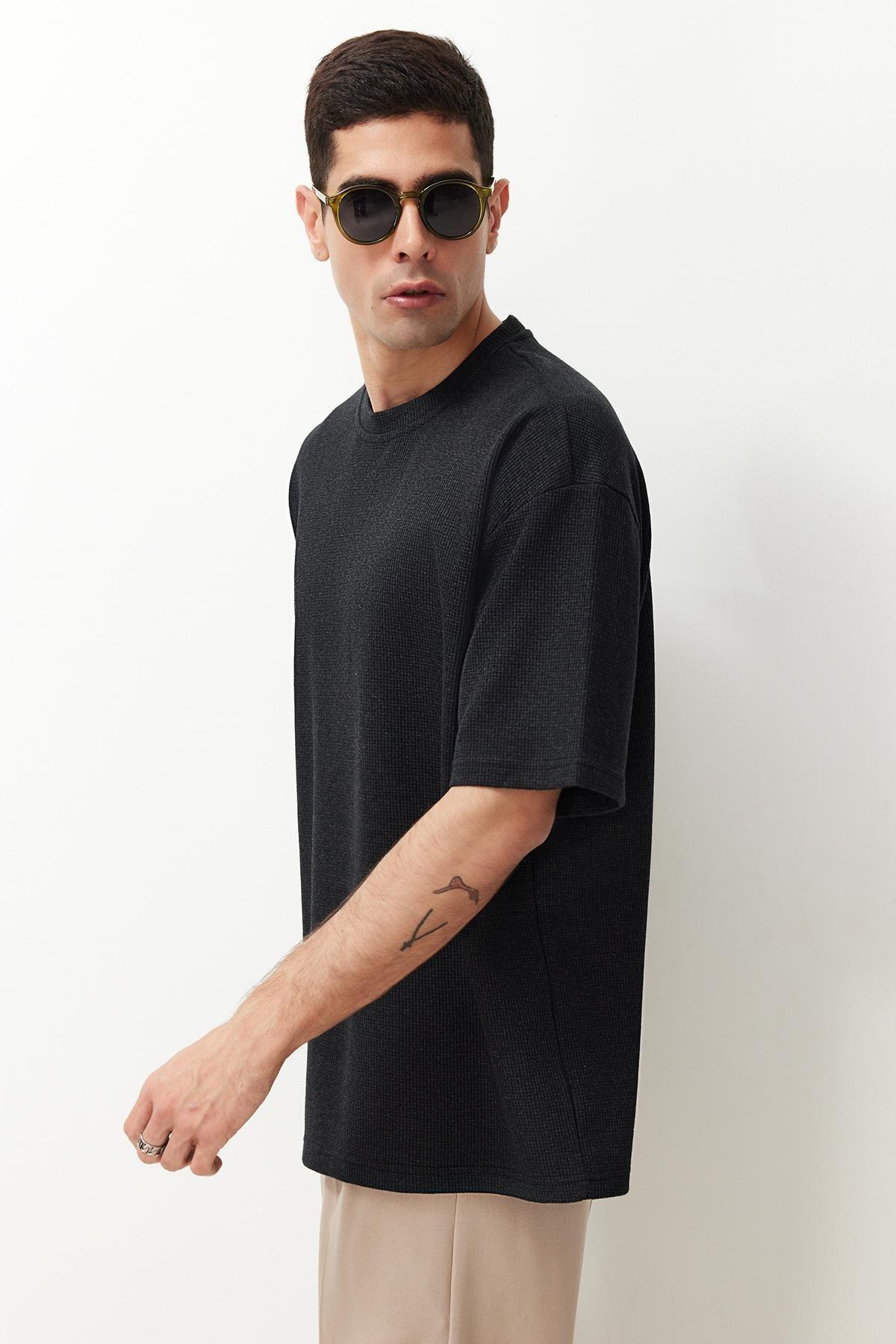 Basic Anthracite Oversize/Wide Cut Textured Waffle Short Sleeve T-Shirt TMNSS22TS00049, , large image number 2