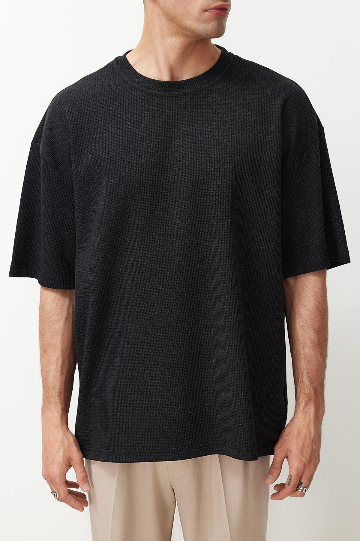 Basic Anthracite Oversize/Wide Cut Textured Waffle Short Sleeve T-Shirt TMNSS22TS00049, , large image number 3