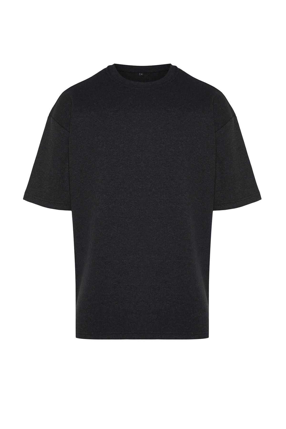 Basic Anthracite Oversize/Wide Cut Textured Waffle Short Sleeve T-Shirt TMNSS22TS00049, , large image number 5