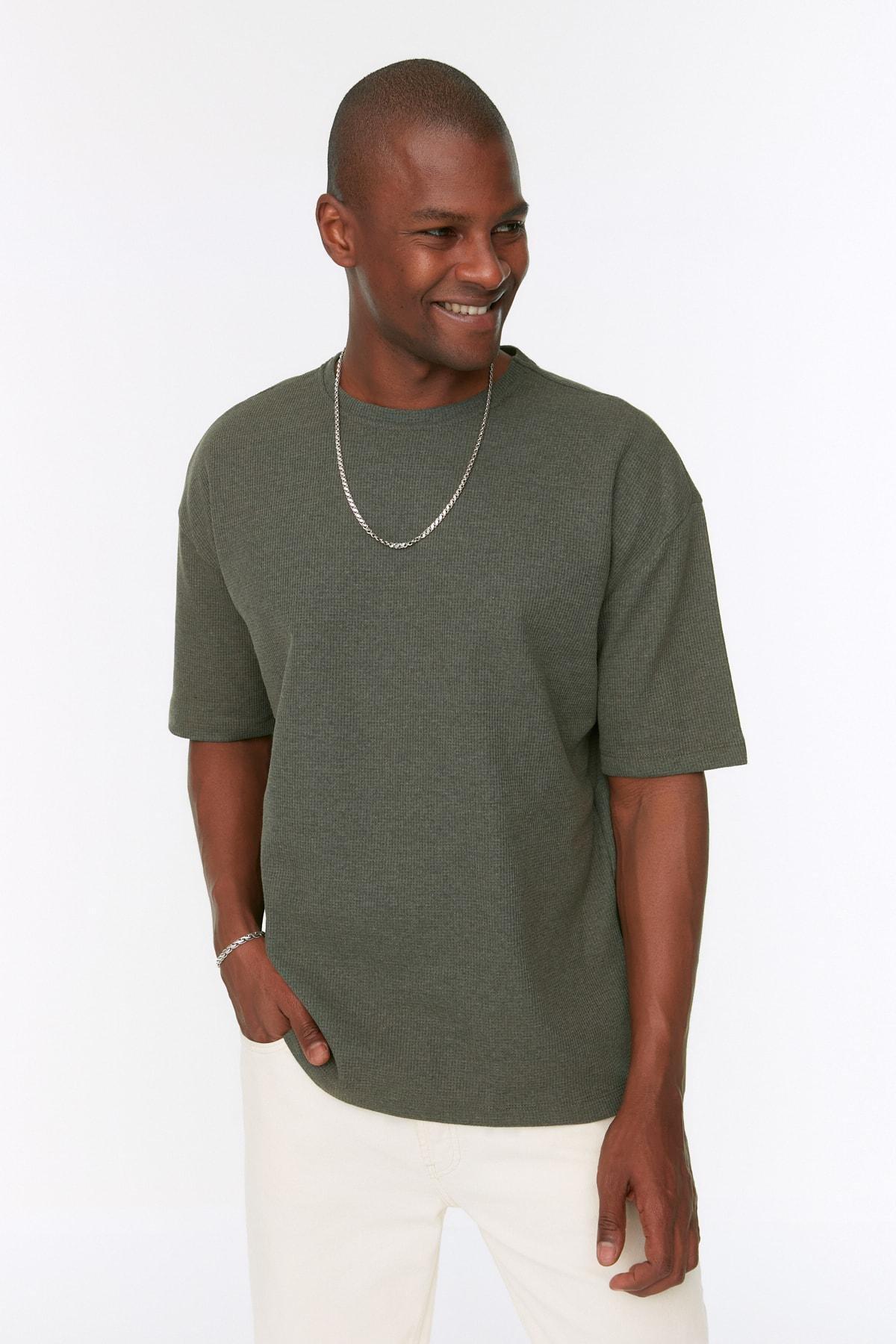 Trendyol - Khaki Oversize Crew Neck Tshirt