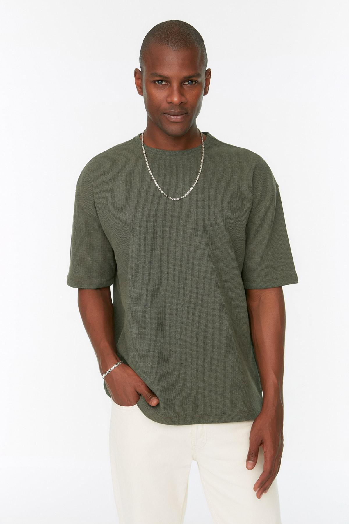 Trendyol - Khaki Oversize Crew Neck Tshirt