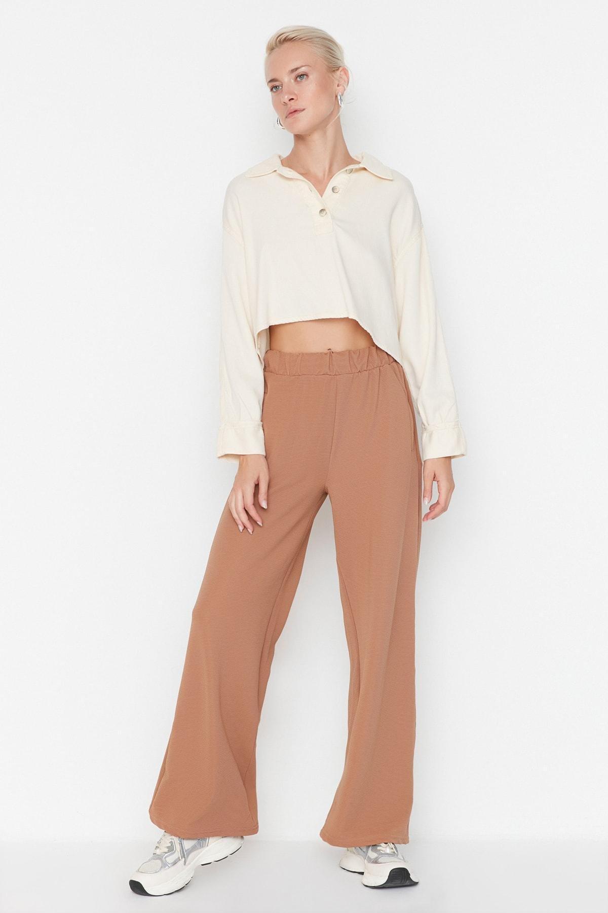 Trendyol - Brown Wide Leg High Waist Sweatpants