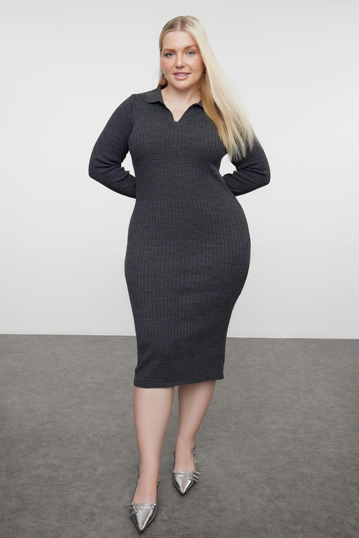 Anthracite Ribbed Bodycon Midi Dress, , large image number 1