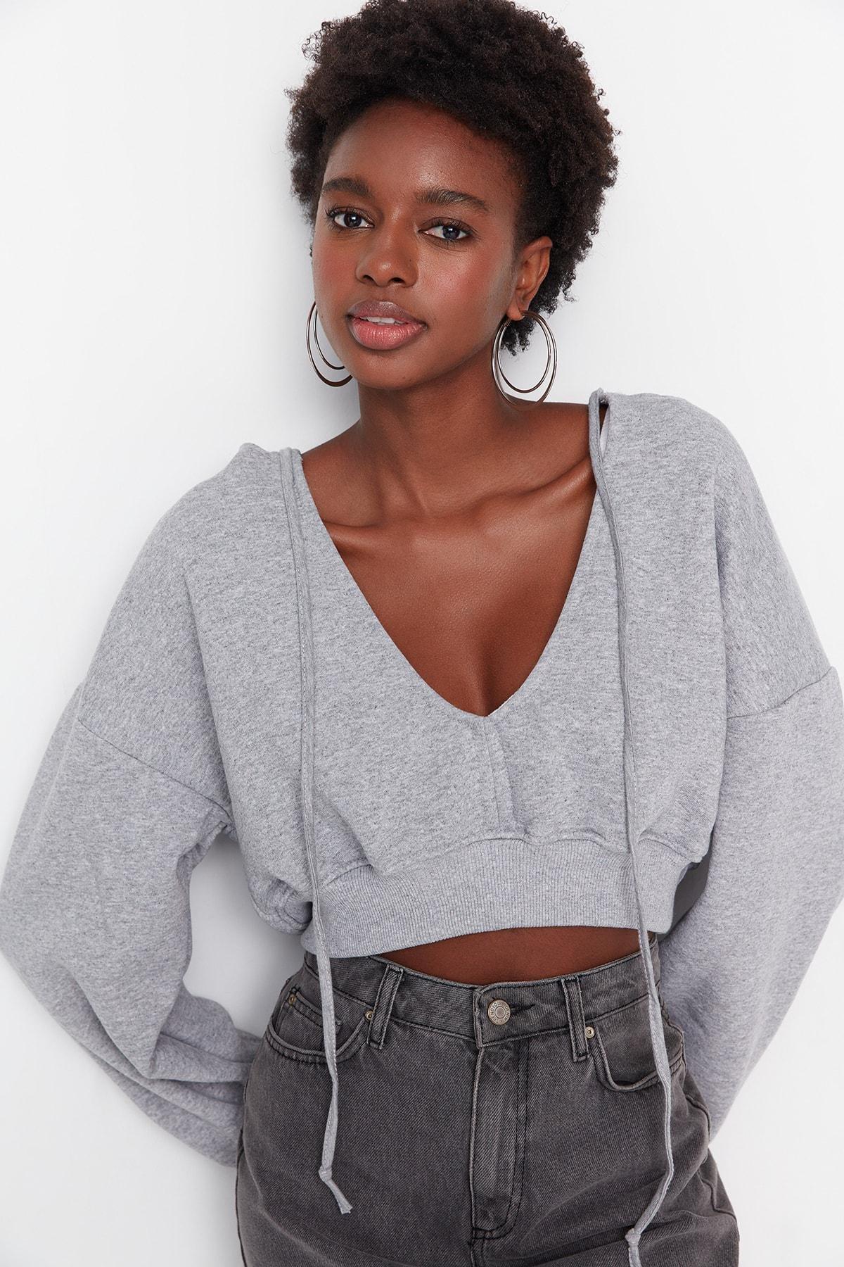 Trendyol - Gray V Neck Sweatshirt