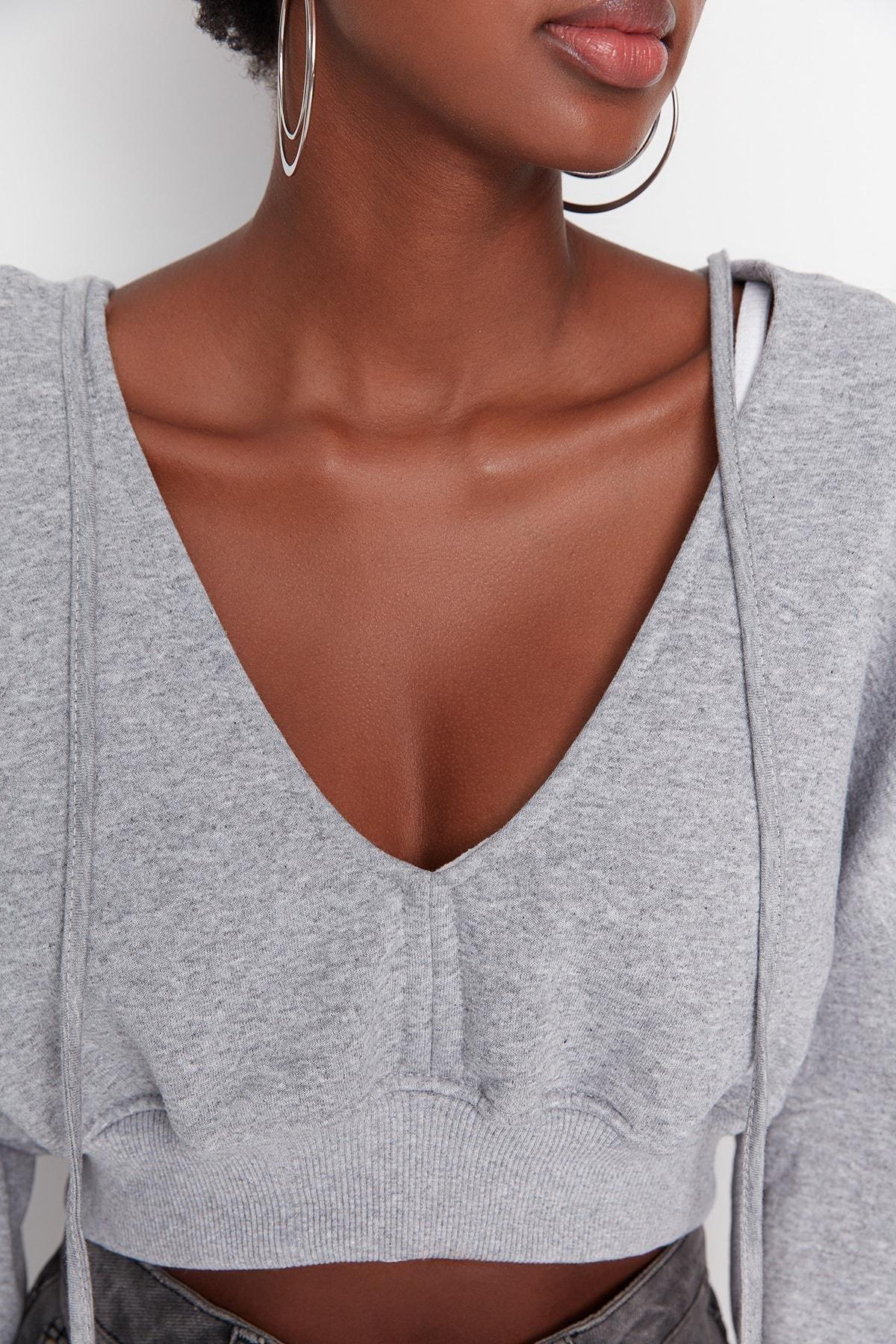 Trendyol - Gray V Neck Sweatshirt