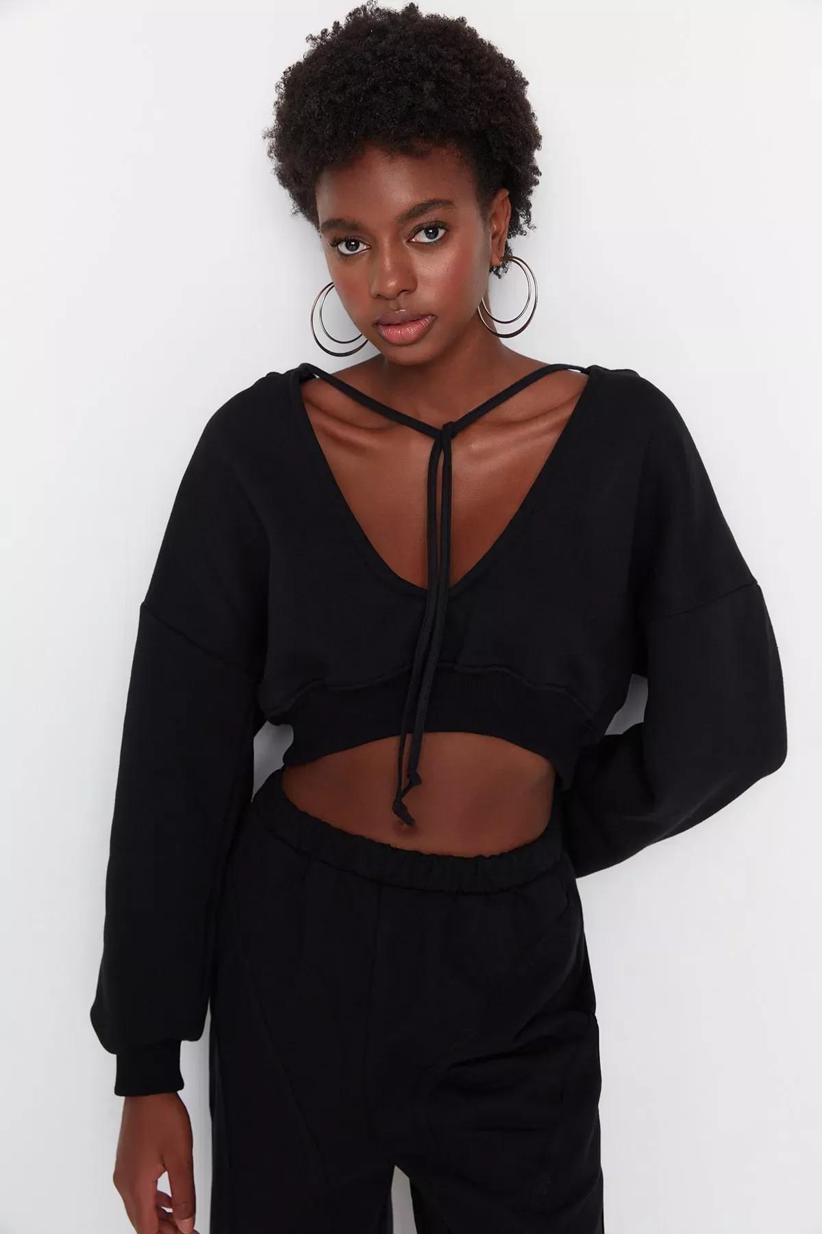 Black V Neck Sweatshirt, Black, large image number 0