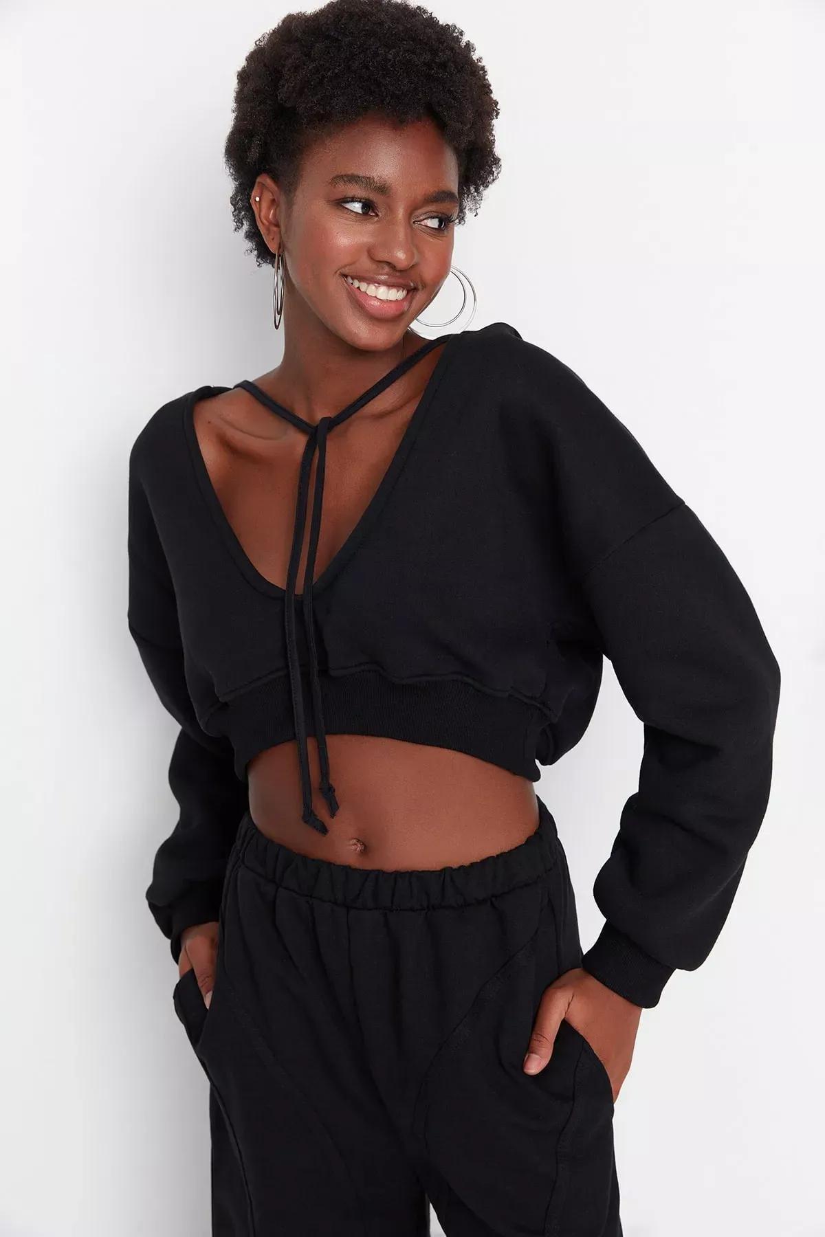 Black V Neck Sweatshirt, Black, large image number 1