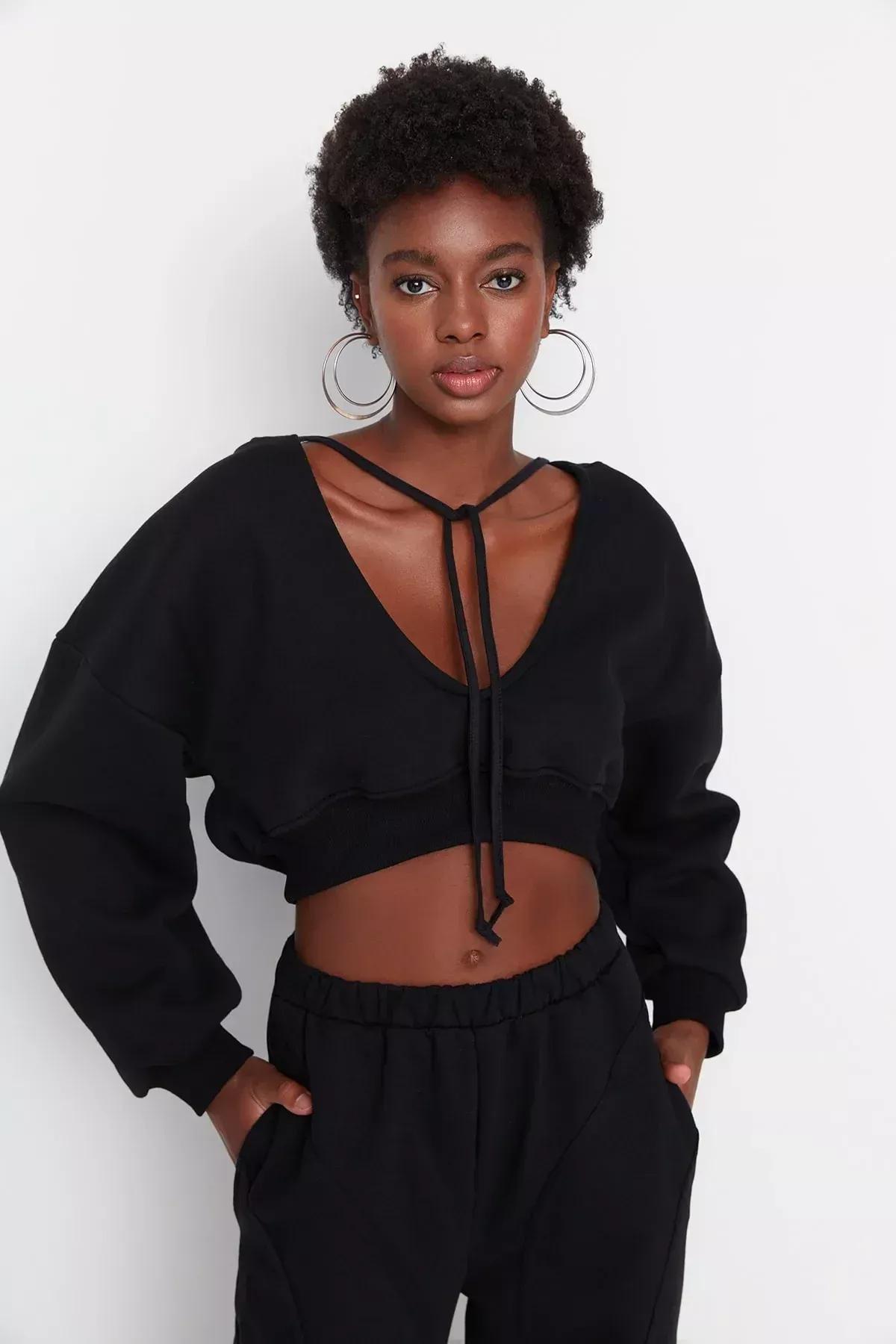 Black V Neck Sweatshirt, Black, large image number 2