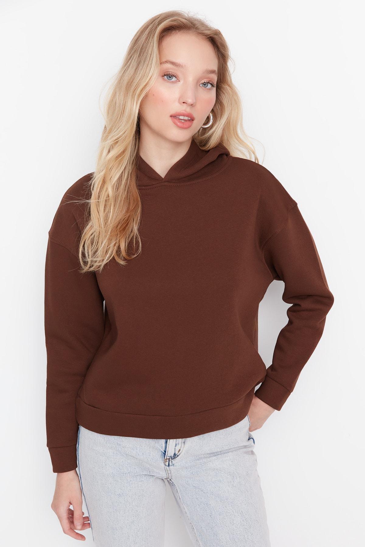 Trendyol - Brown Plain Hooded Sweatshirt