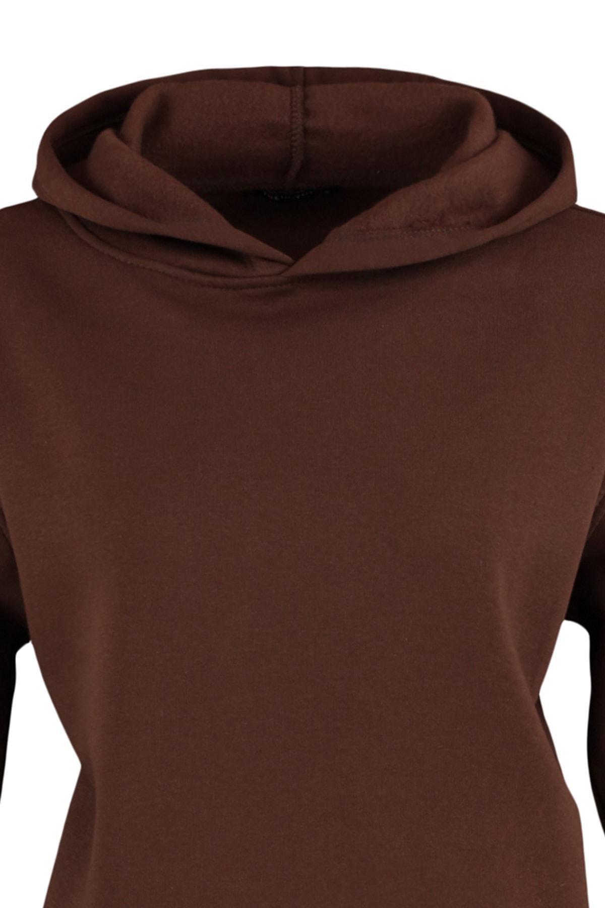Trendyol - Brown Plain Hooded Sweatshirt