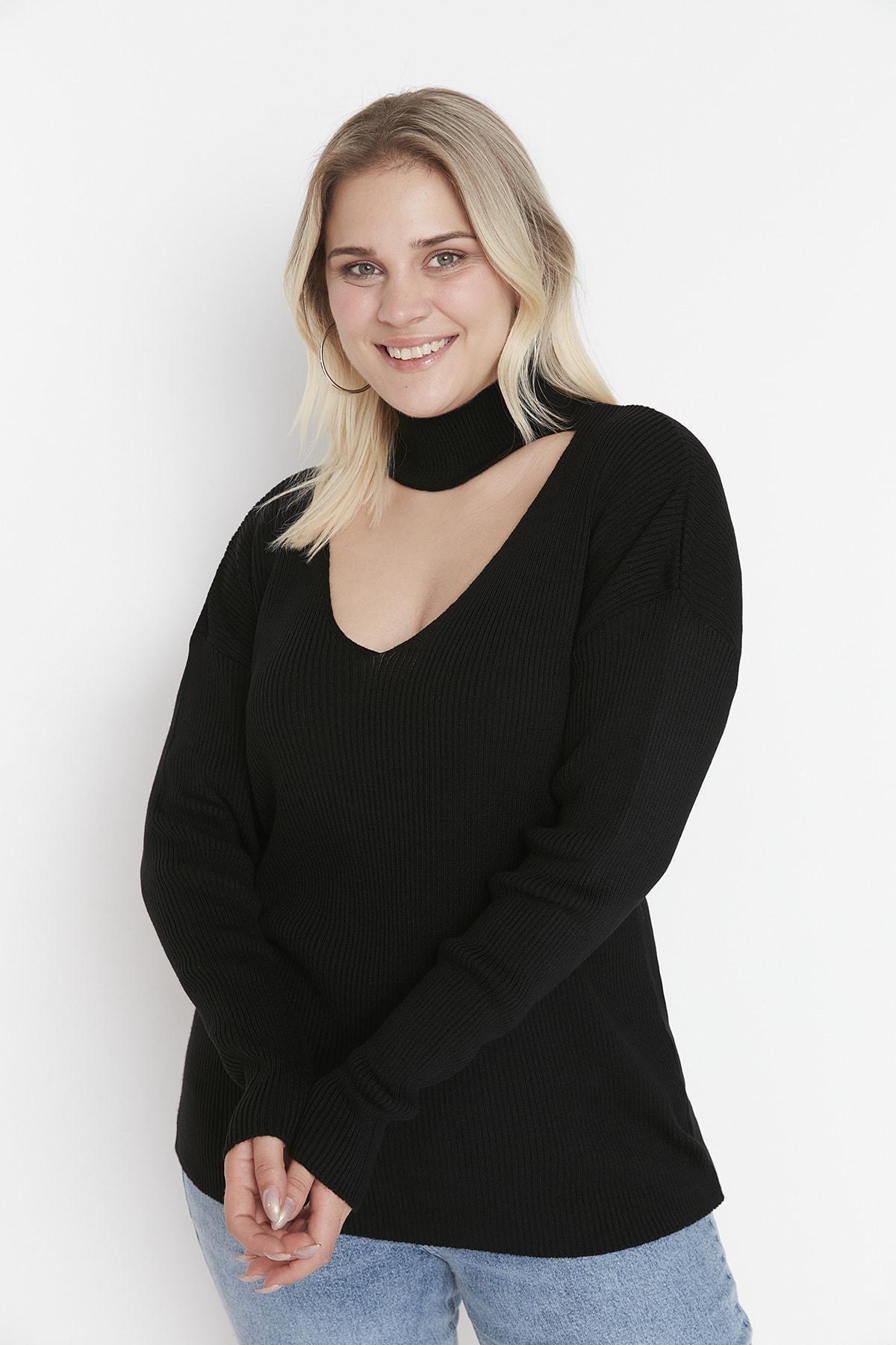 Black Crew Neck Plus Size Sweater, , large image number 1