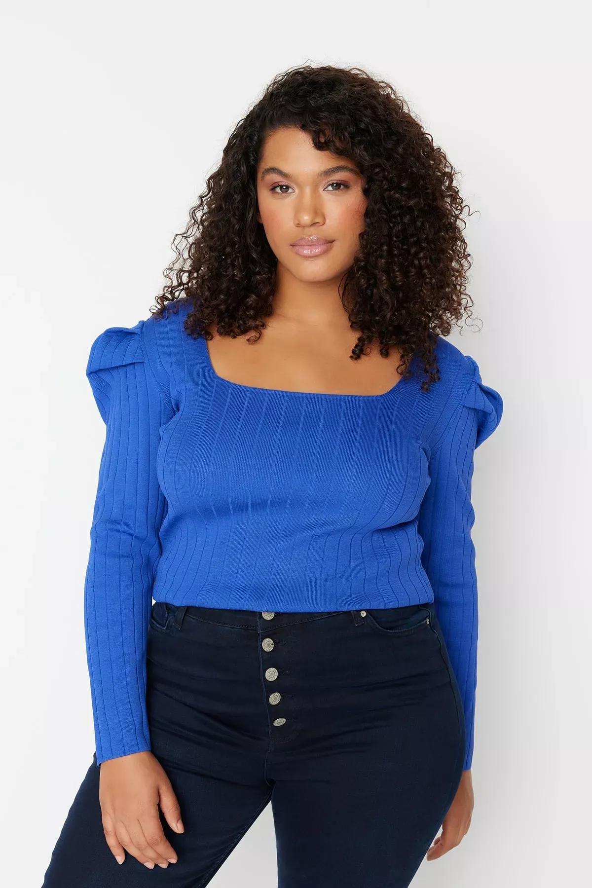 Blue Slim Plus Size Blouse, , large image number 0