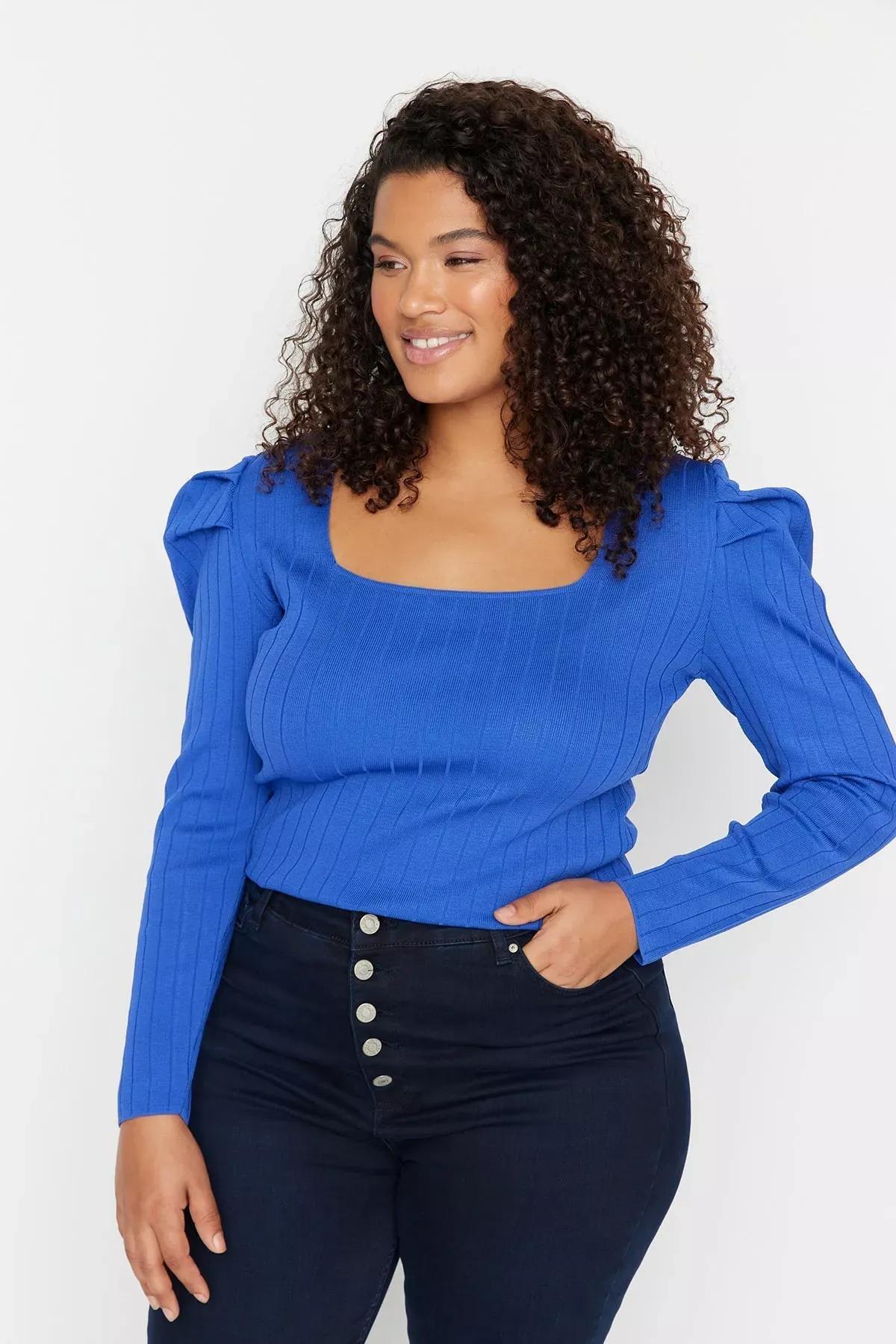 Blue Slim Plus Size Blouse, , large image number 1