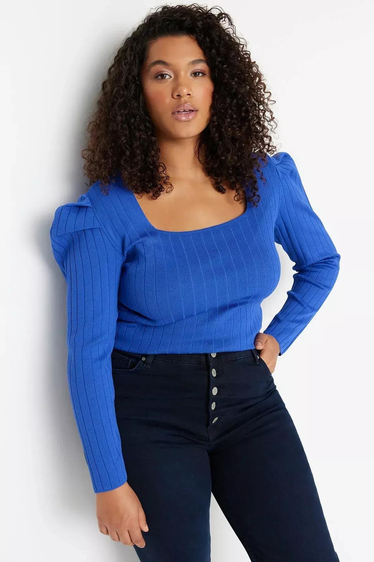 Blue Slim Plus Size Blouse, , large image number 3