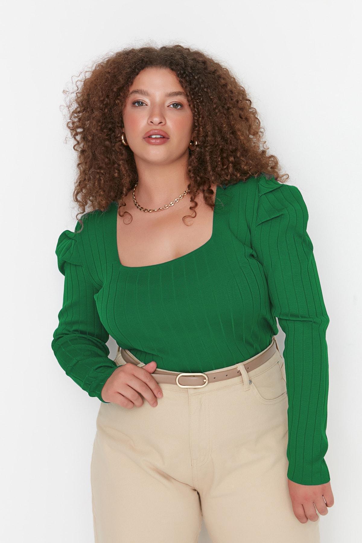 Green Slim Plus Size Square Collar Blouse, , large image number 2