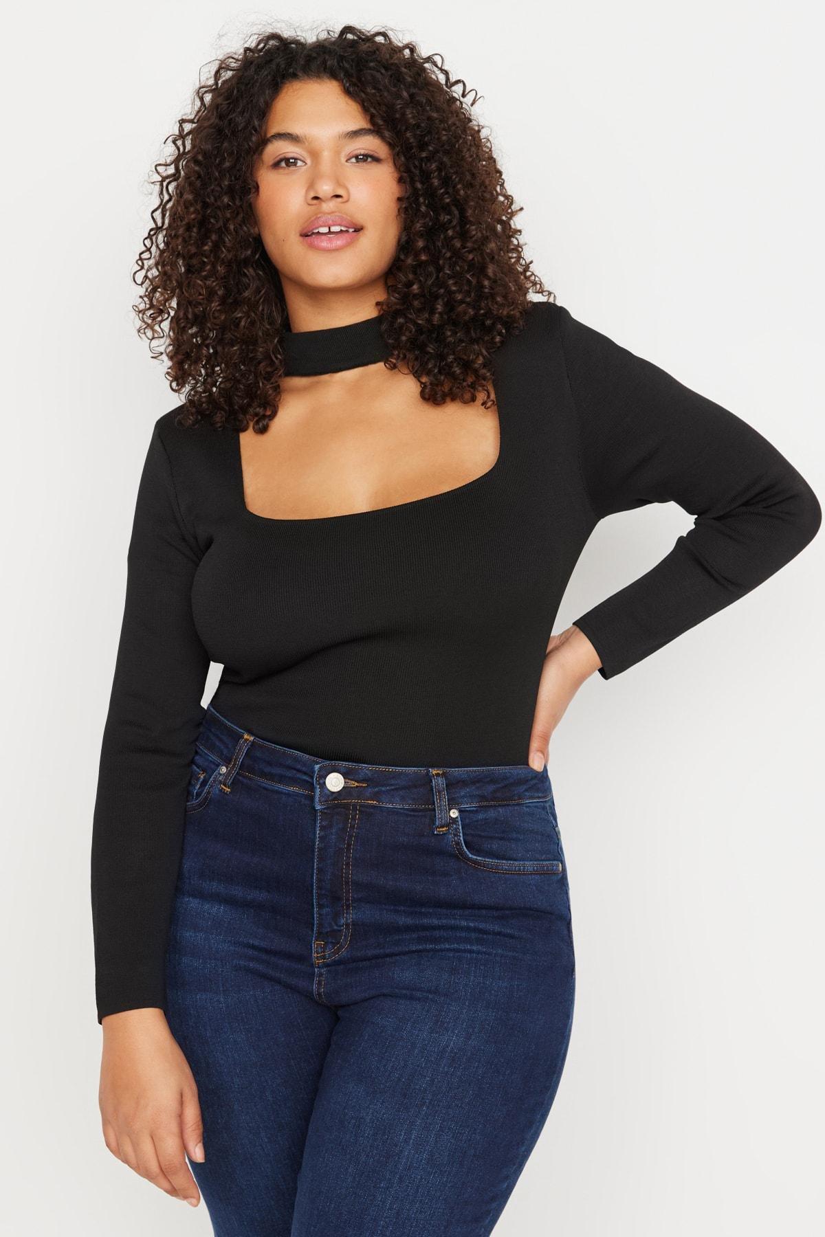 Black Choker High Neck Plus Size Blouse, Black, large image number 0
