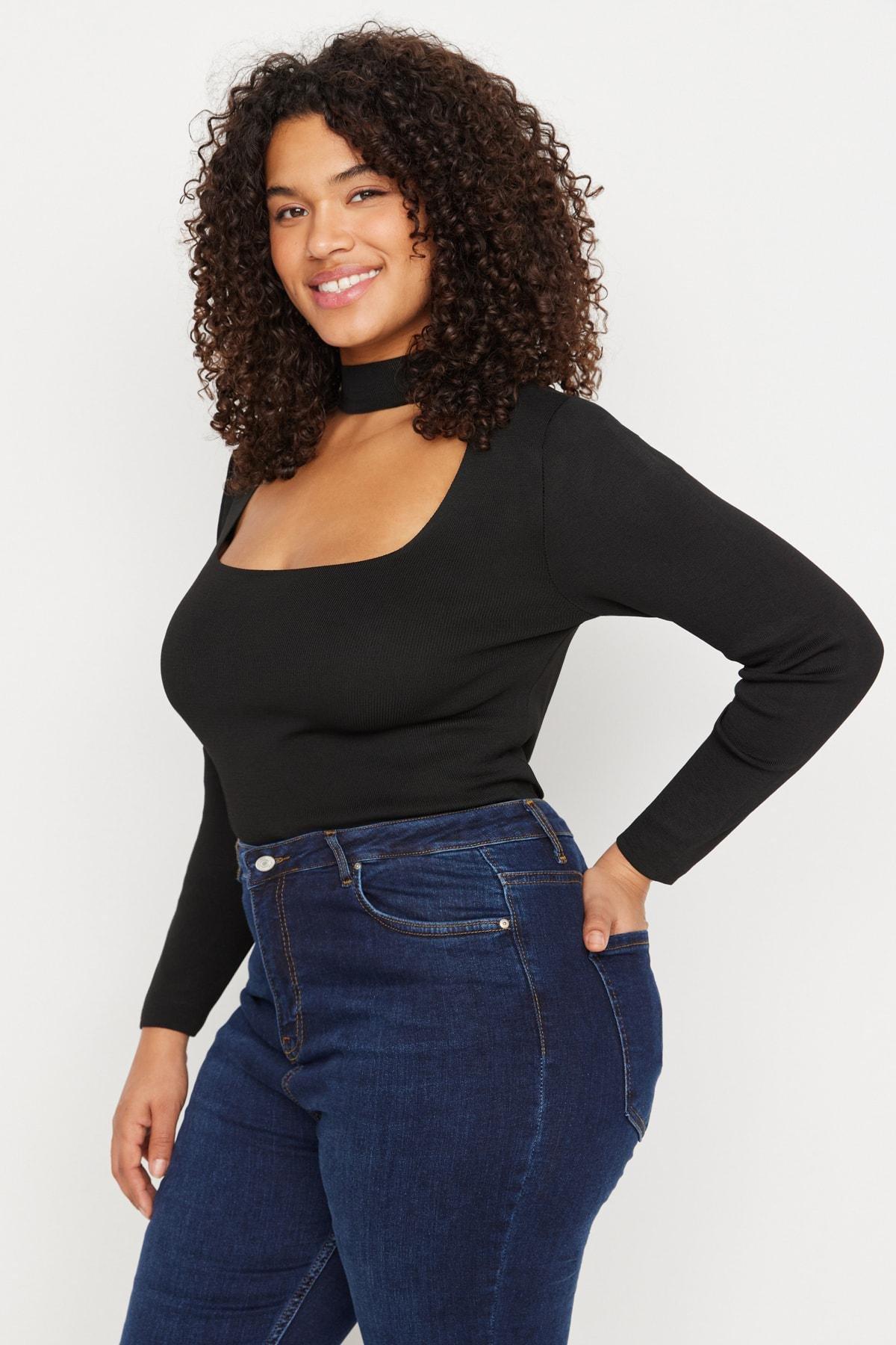 Black Choker High Neck Plus Size Blouse, Black, large image number 1