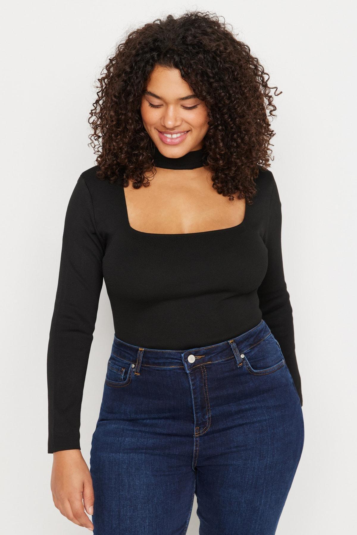 Black Choker High Neck Plus Size Blouse, Black, large image number 3