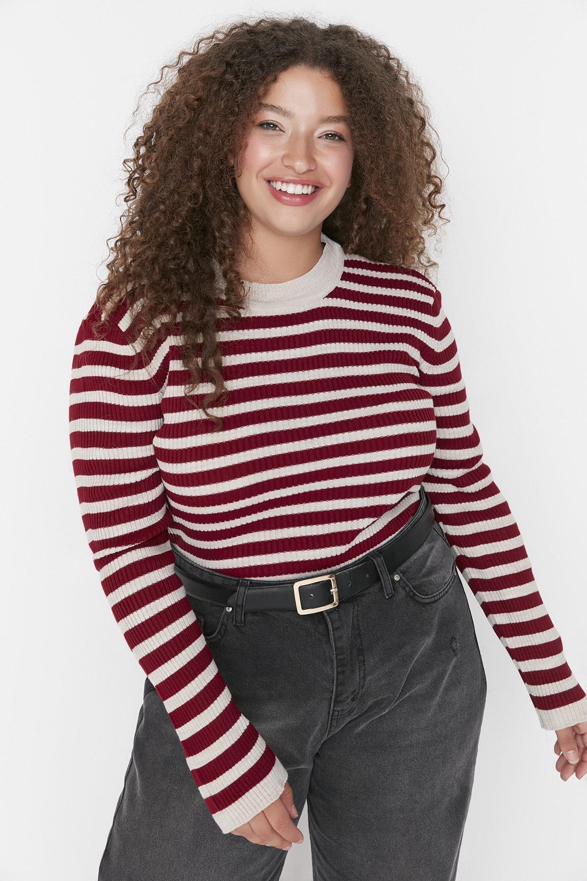 Trendyol - Burgundy Striped Plus Size Sweater