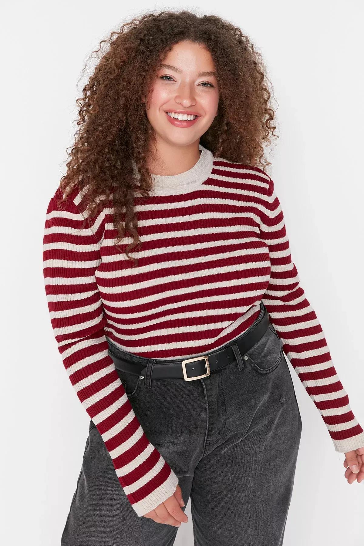 Burgundy Striped Plus Size Sweater, Burgundy, medium