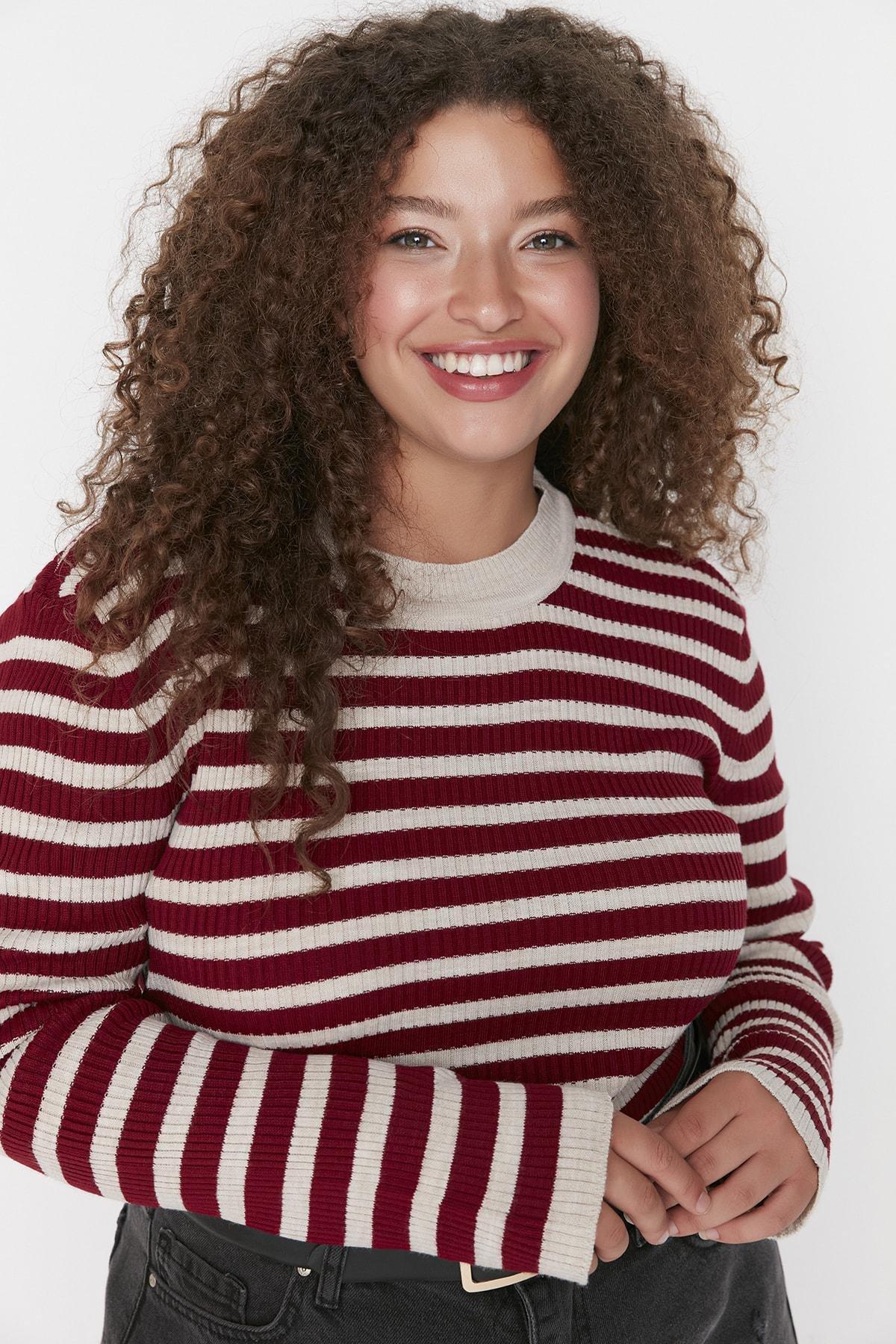 Burgundy Striped Plus Size Sweater, , large image number 1