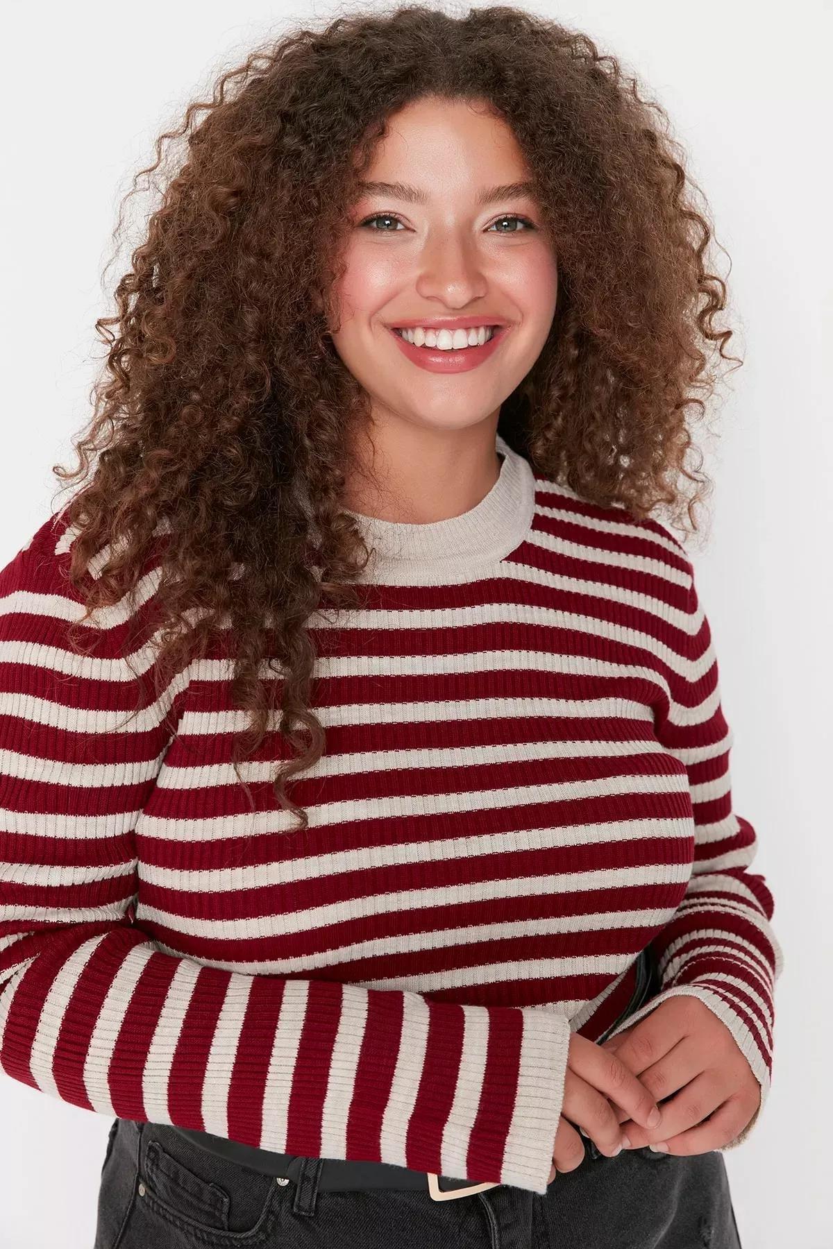 Burgundy Striped Plus Size Sweater, Burgundy, medium