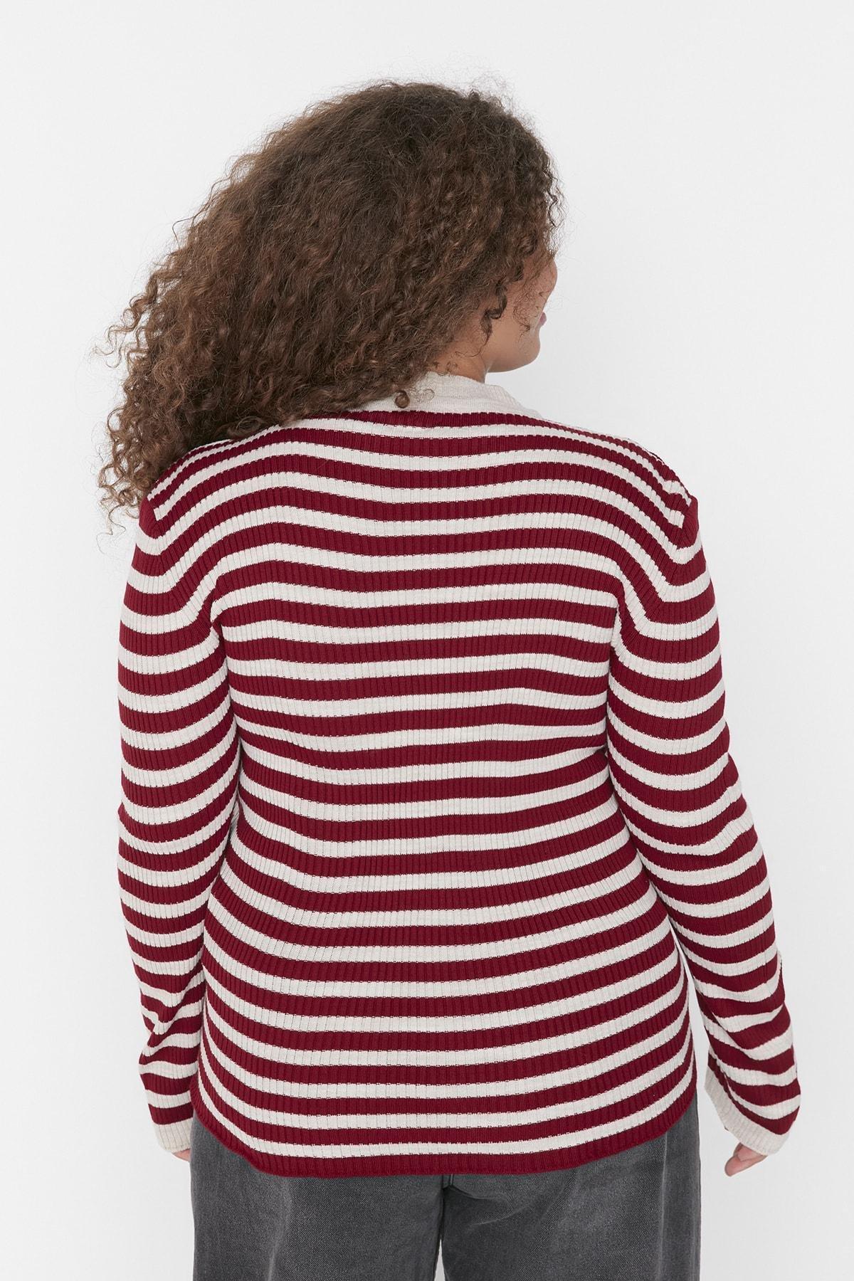 Trendyol - Burgundy Striped Plus Size Sweater