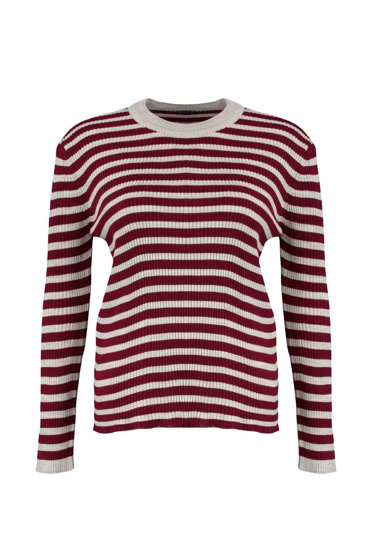 Trendyol - Burgundy Striped Plus Size Sweater