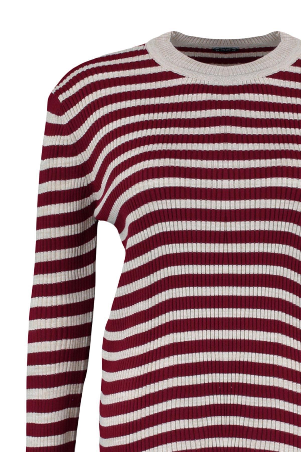 Trendyol - Burgundy Striped Plus Size Sweater