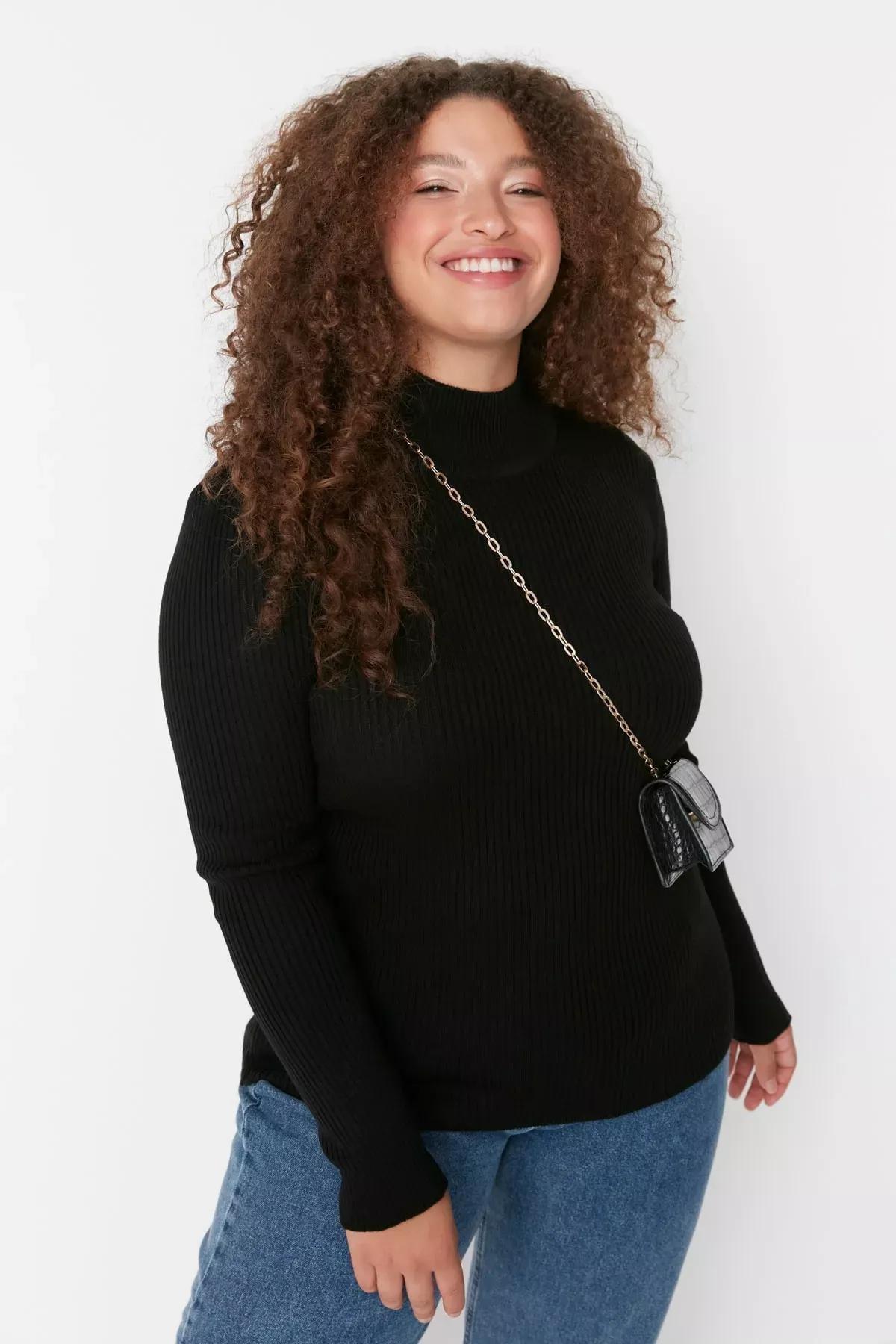 Black Knitted Plus Size Sweater, , large image number 0