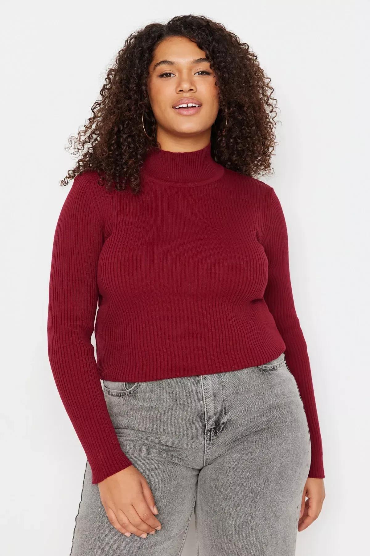 Burgundy High Neck Plus Size Sweater, Burgundy, medium