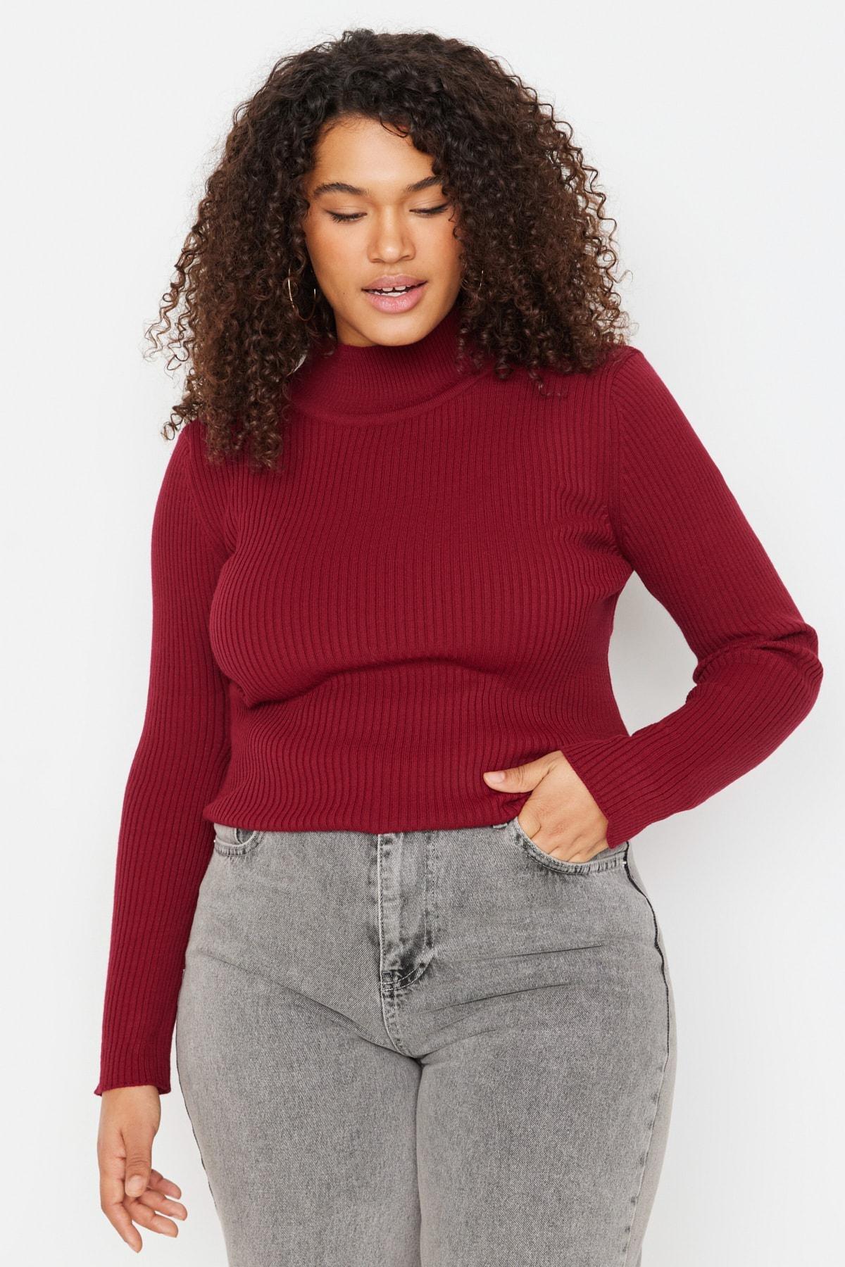 Burgundy High Neck Plus Size Sweater, , large image number 1