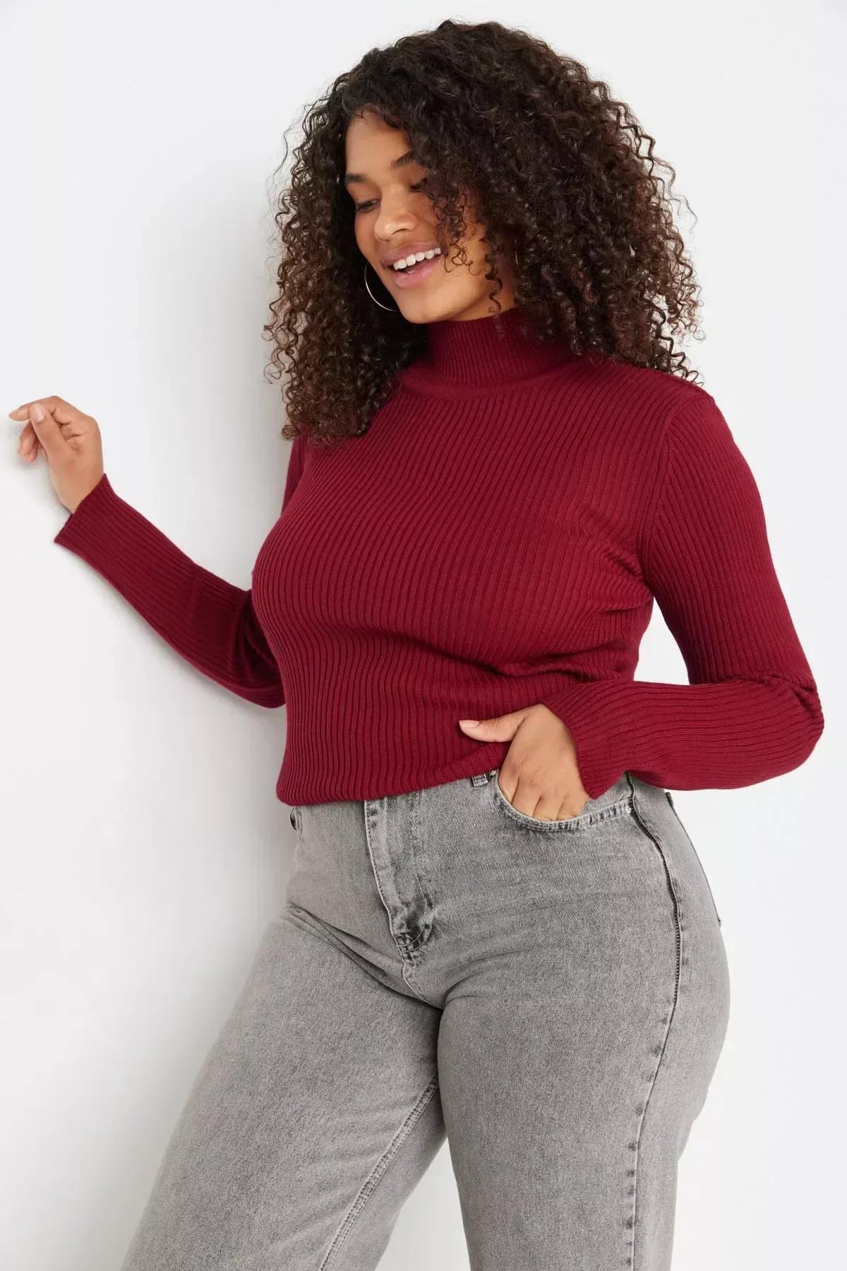 Burgundy High Neck Plus Size Sweater, Burgundy, medium