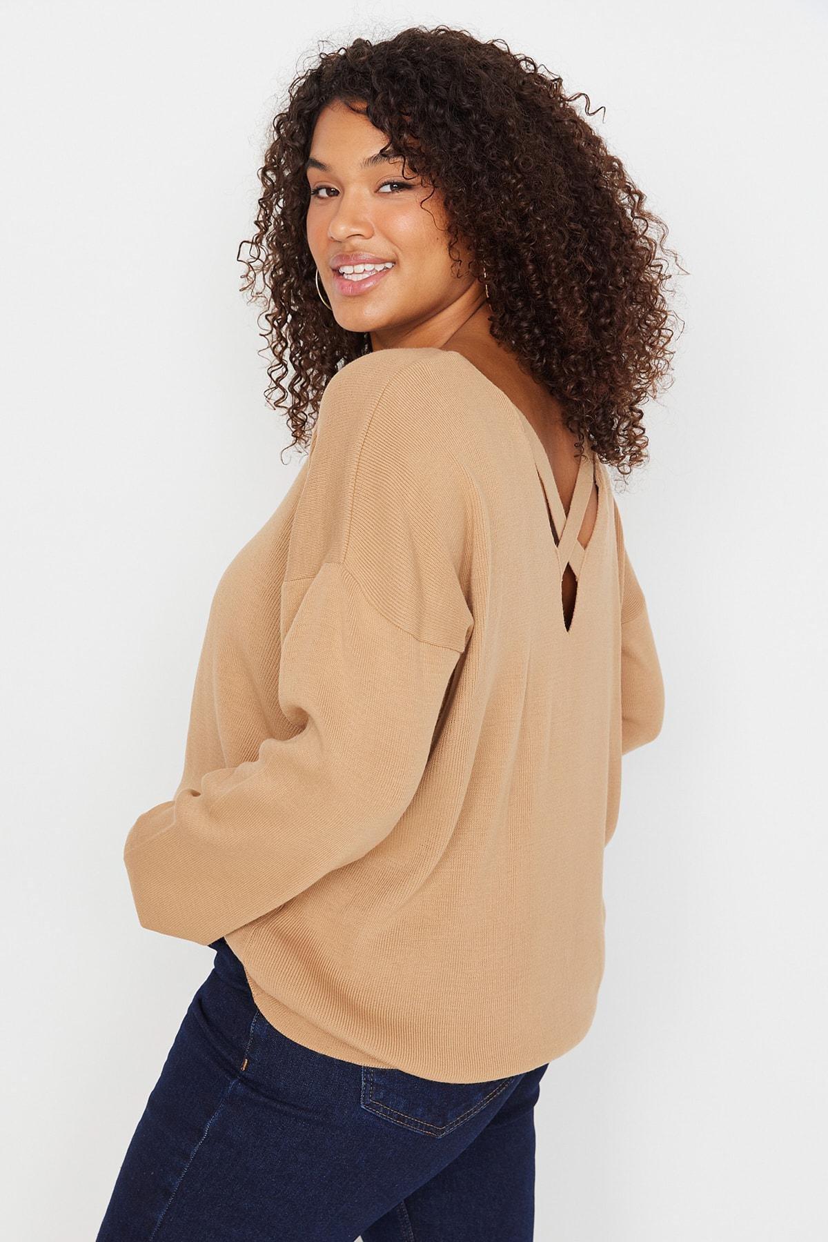 Beige V-Neck Plus Size Sweater, , large image number 0