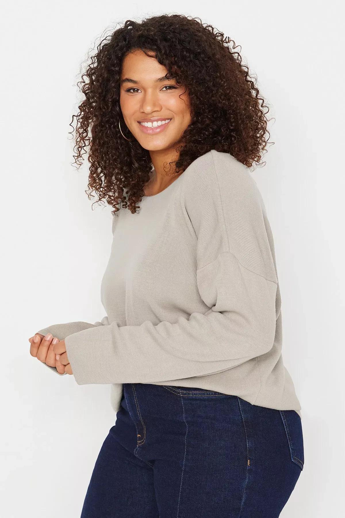 Beige V-Neck Plus Size Sweater, Beige, medium