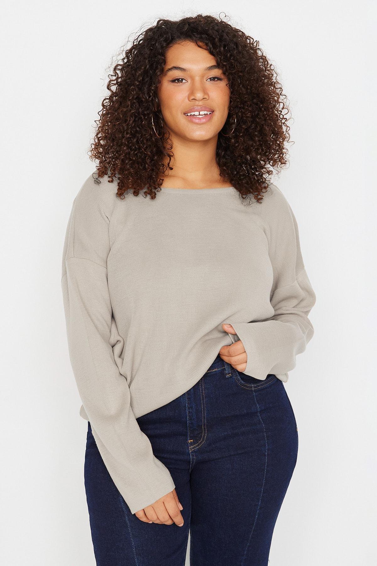 Beige V-Neck Plus Size Sweater, , large image number 1